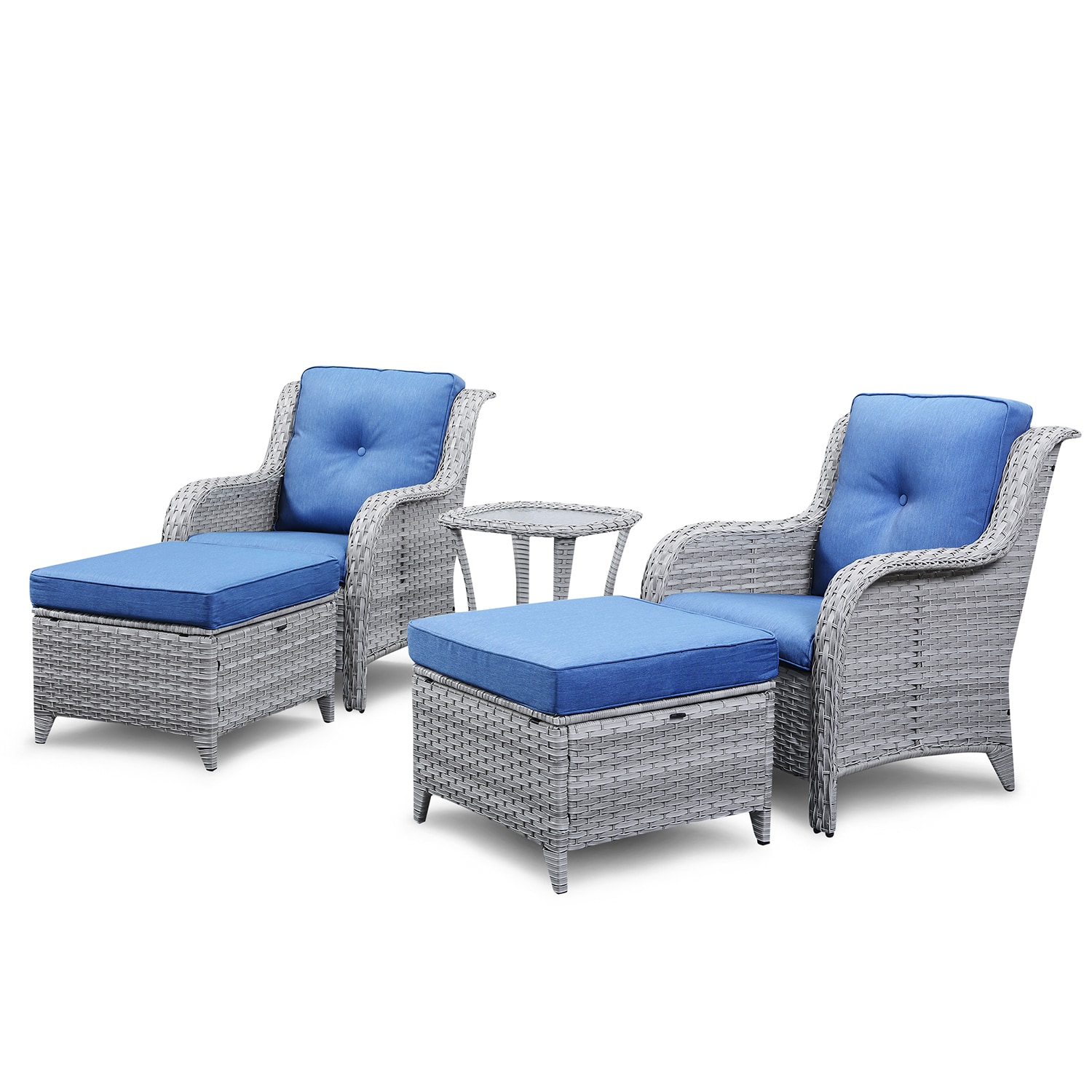 Rilyson FS76072075-NB Curved Handrail 5 -Piece Wicker Patio Sofa Conversation Set with Blue Cushions