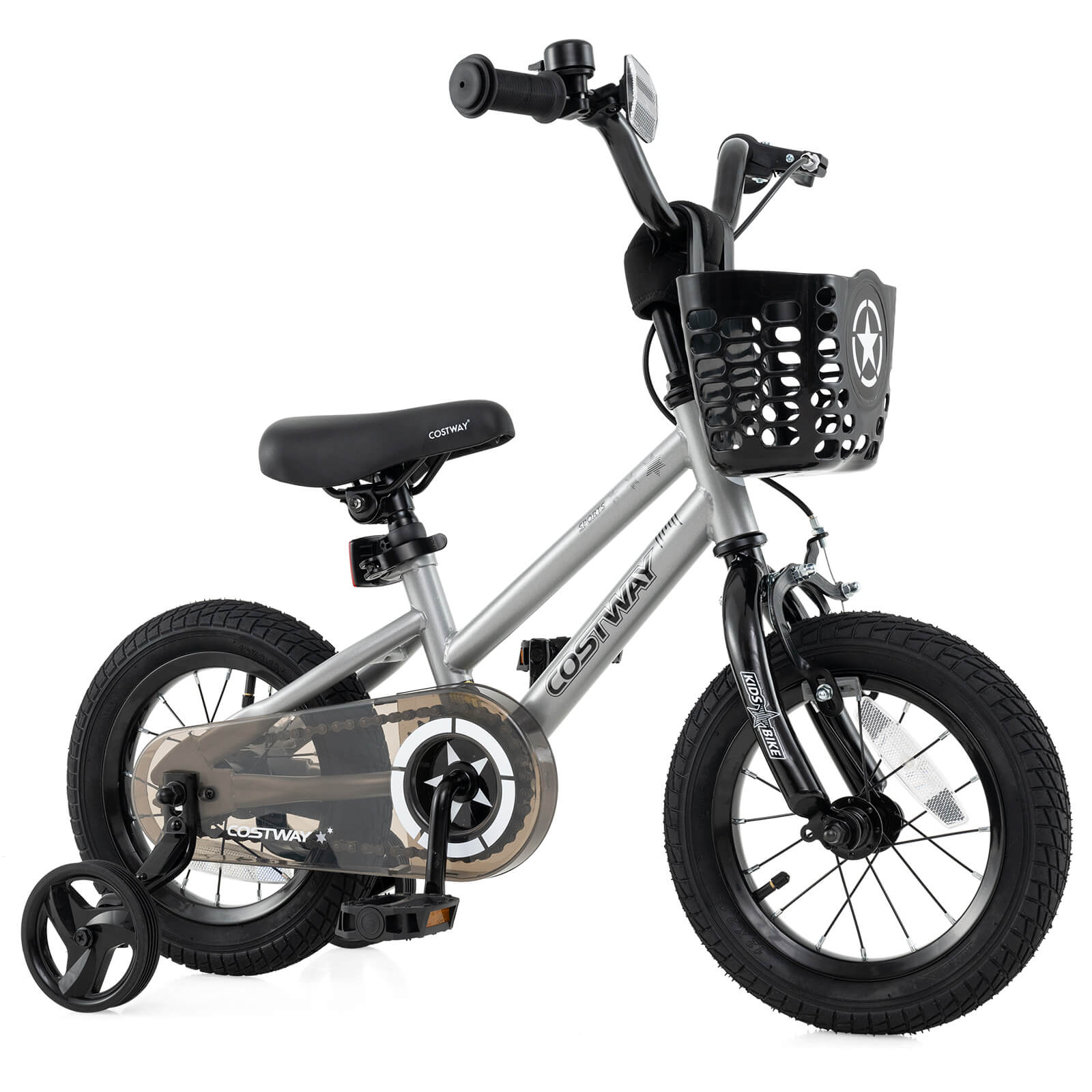 Costway  12 inches Kid's Bike with Training Wheels Adjustable Handlebar and Seat Handbrake Silver