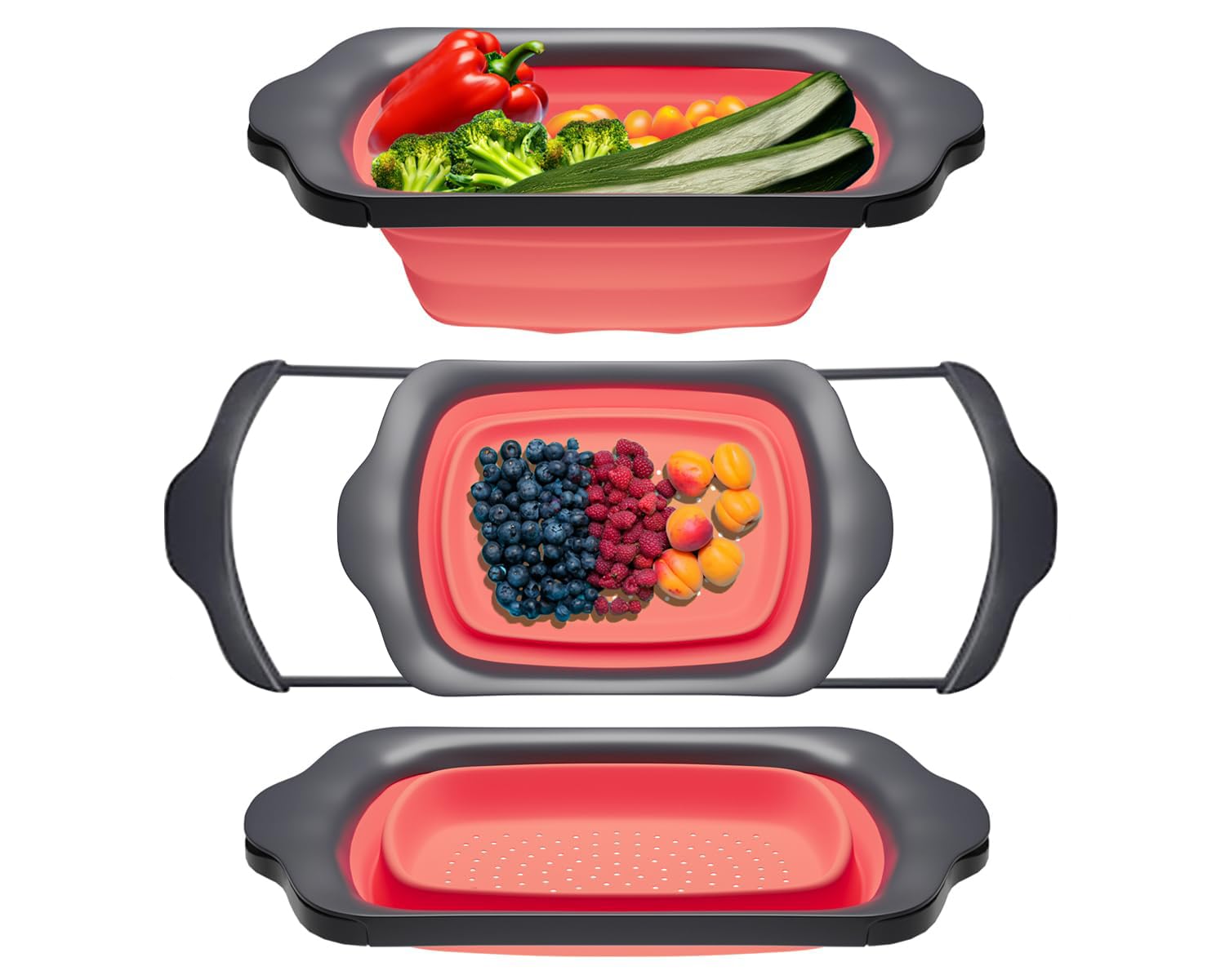 SPACELEAD XL Collapsible Silicone Over-Sink Colander 6 Quart Extendable Handles to 25 Inches Heat Resistant to 176F Folds Flat to 1.4 Inches for Pasta Vegetables and Fruit