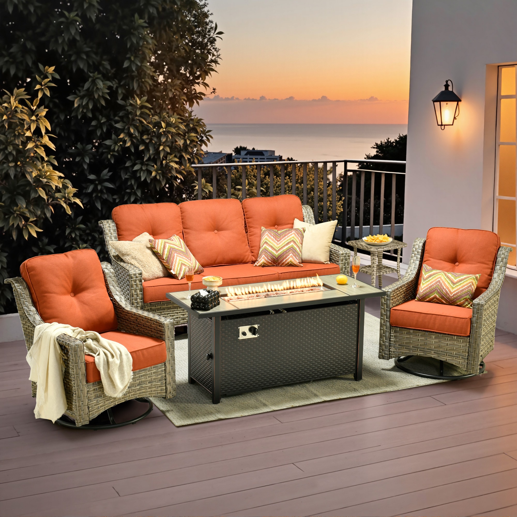 weaxty HMBCFP8503PADYZ5S8C Aireno 5 -Piece Wicker Patio Sofa Conversation Set with Red Cushions