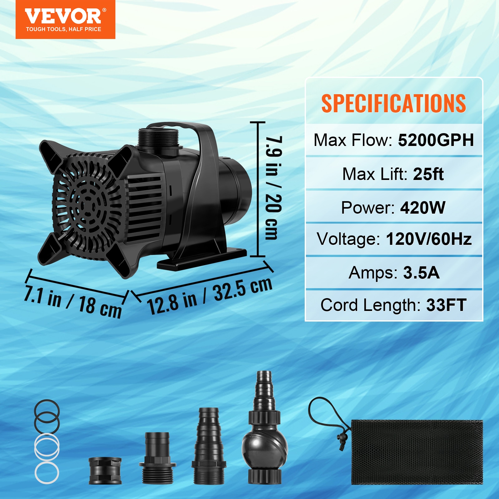 VEVOR Submersible Water Pump 420W - 86 GPM, 120V, Plastic, Garden Hose ...