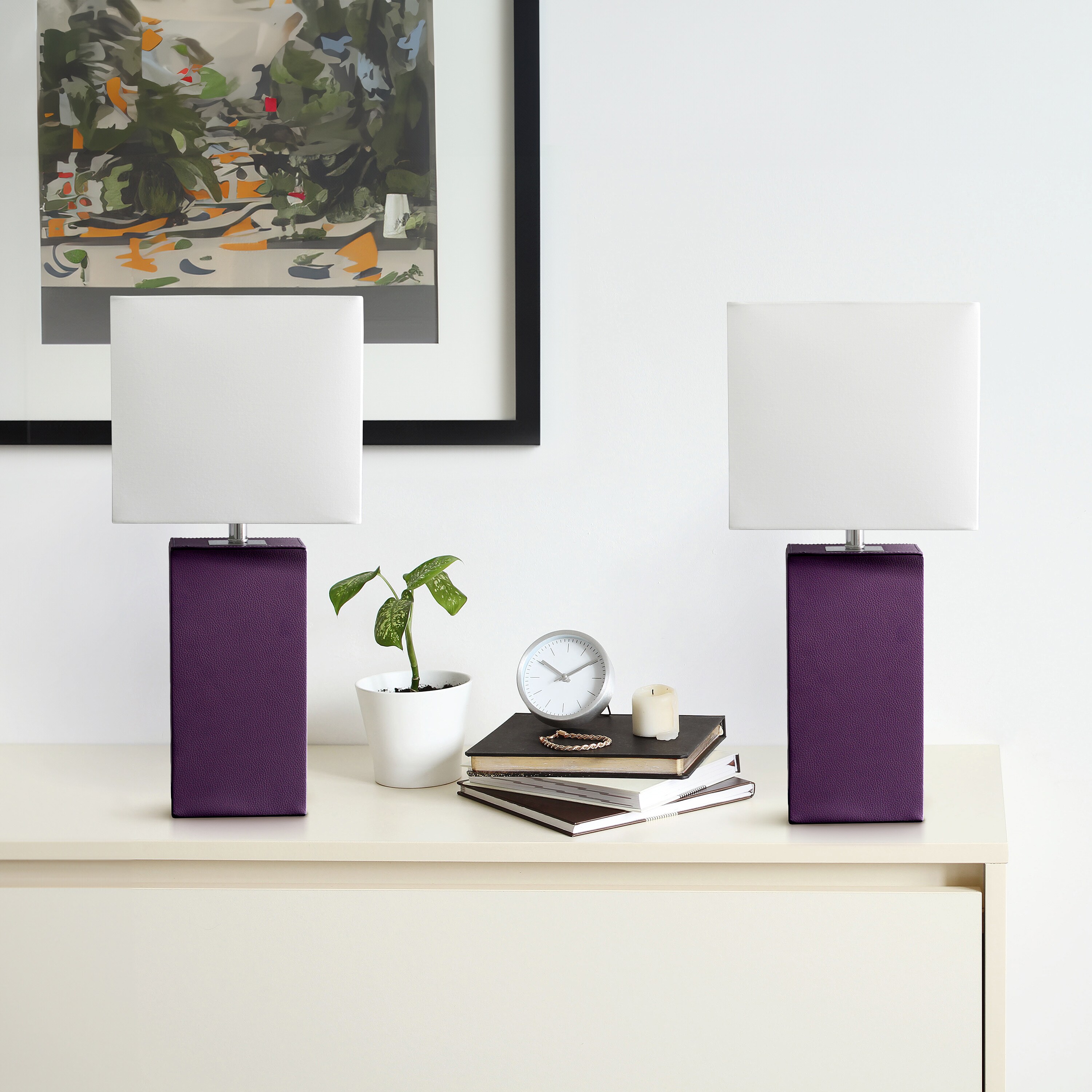 Eggplant Purple Leather Base Table Lamp Set with White Fabric Shade