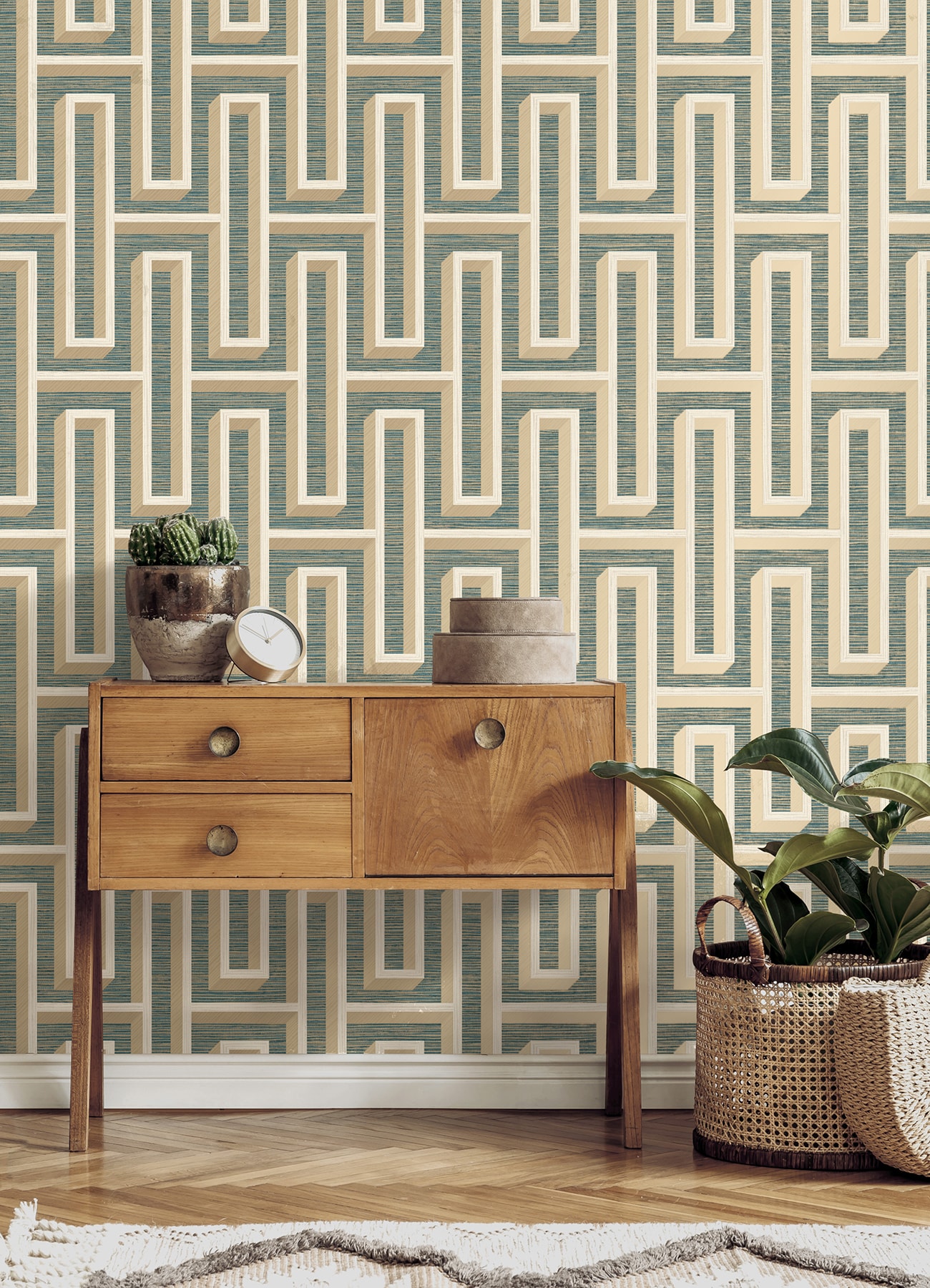 Teal and Beige Geometric Grasscloth Wallpaper Double Roll