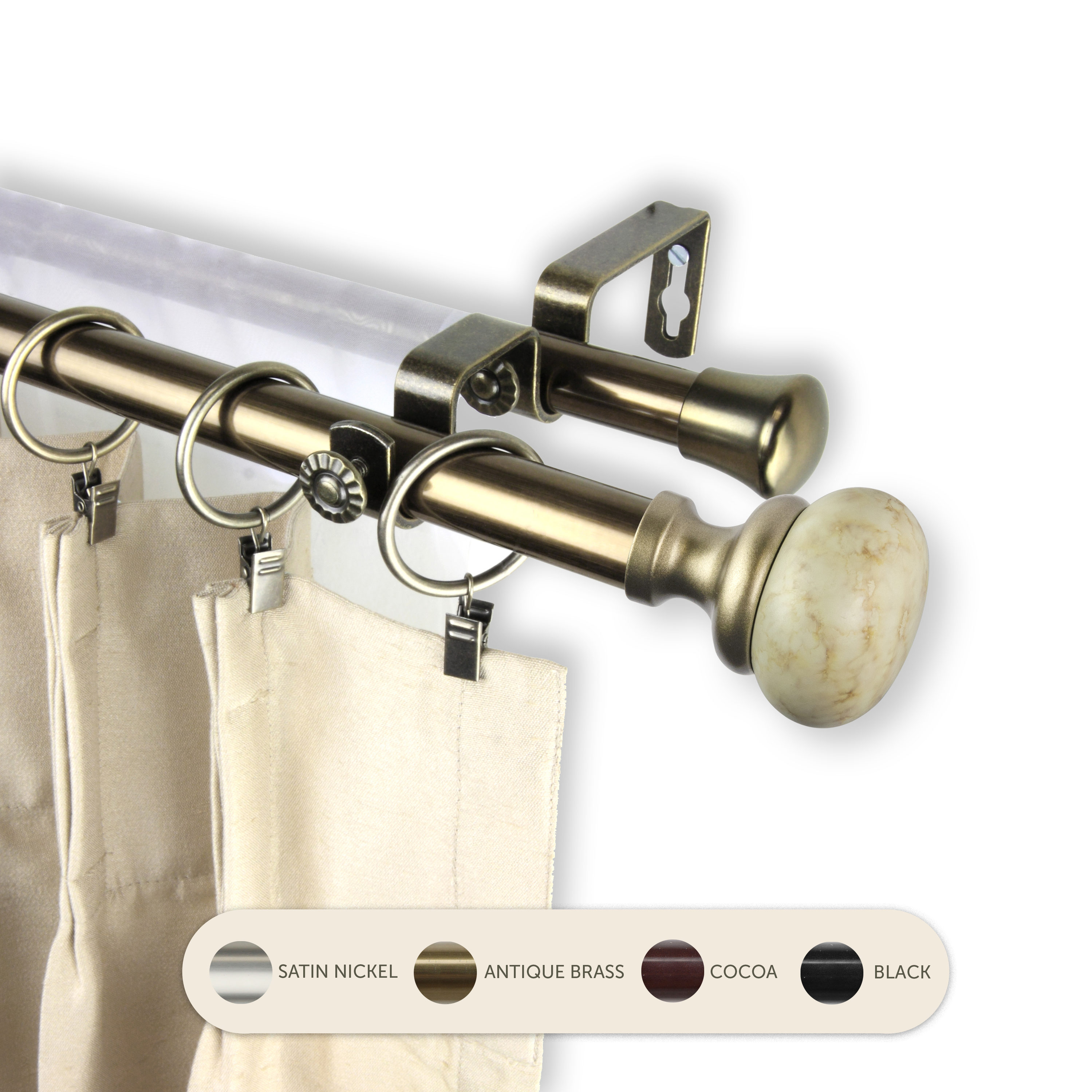 Hart & Harlow L-4776-664 Marvin 13/16-in 66-in to 120-in Antique brass Steel Double curtain rod with Finials