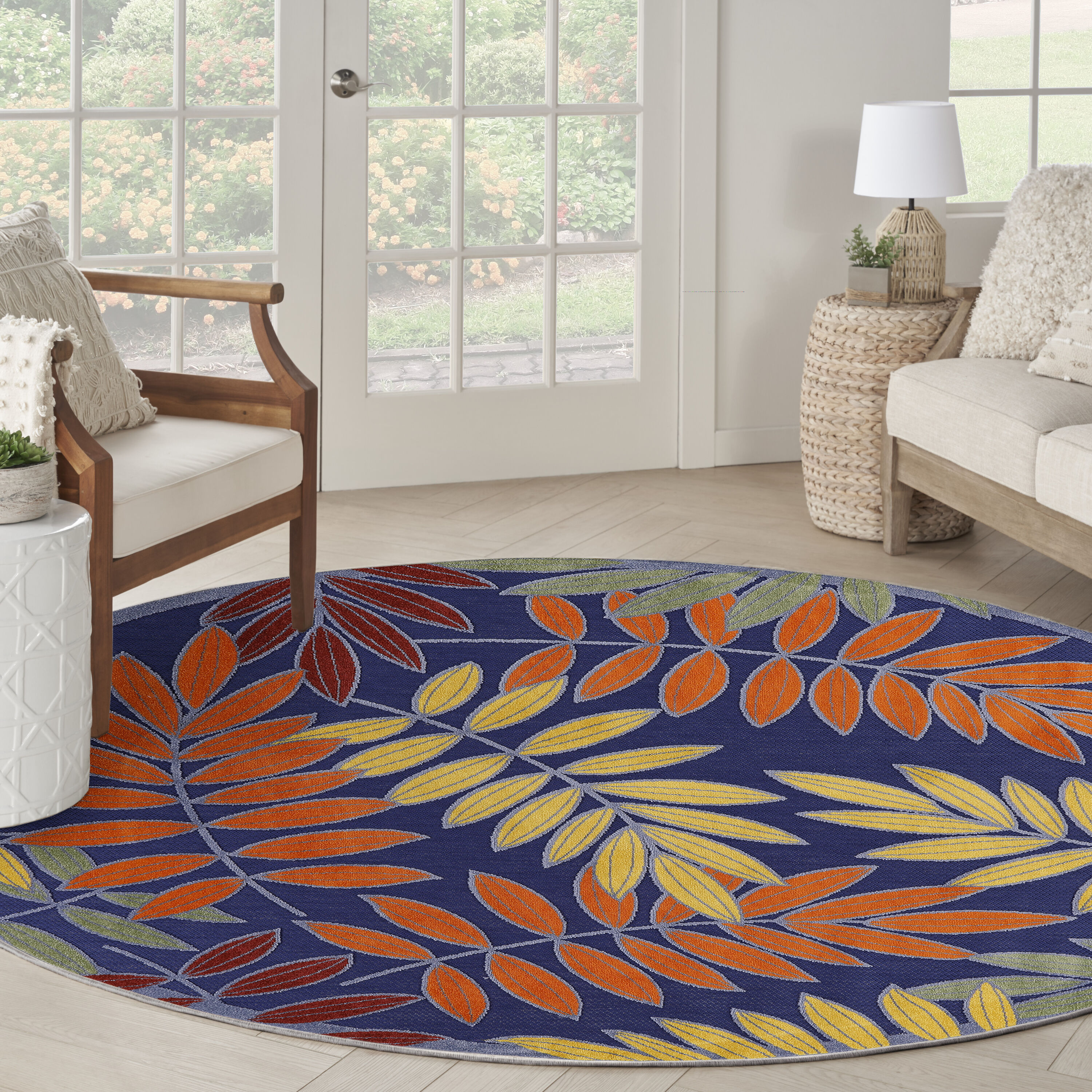 Nourison Home 099446921598 Aloha 5 x 5 (ft) Loomed Polypropylene Navy Multicolor Round Indoor/Outdoor Floral/Botanical Tropical Area rug