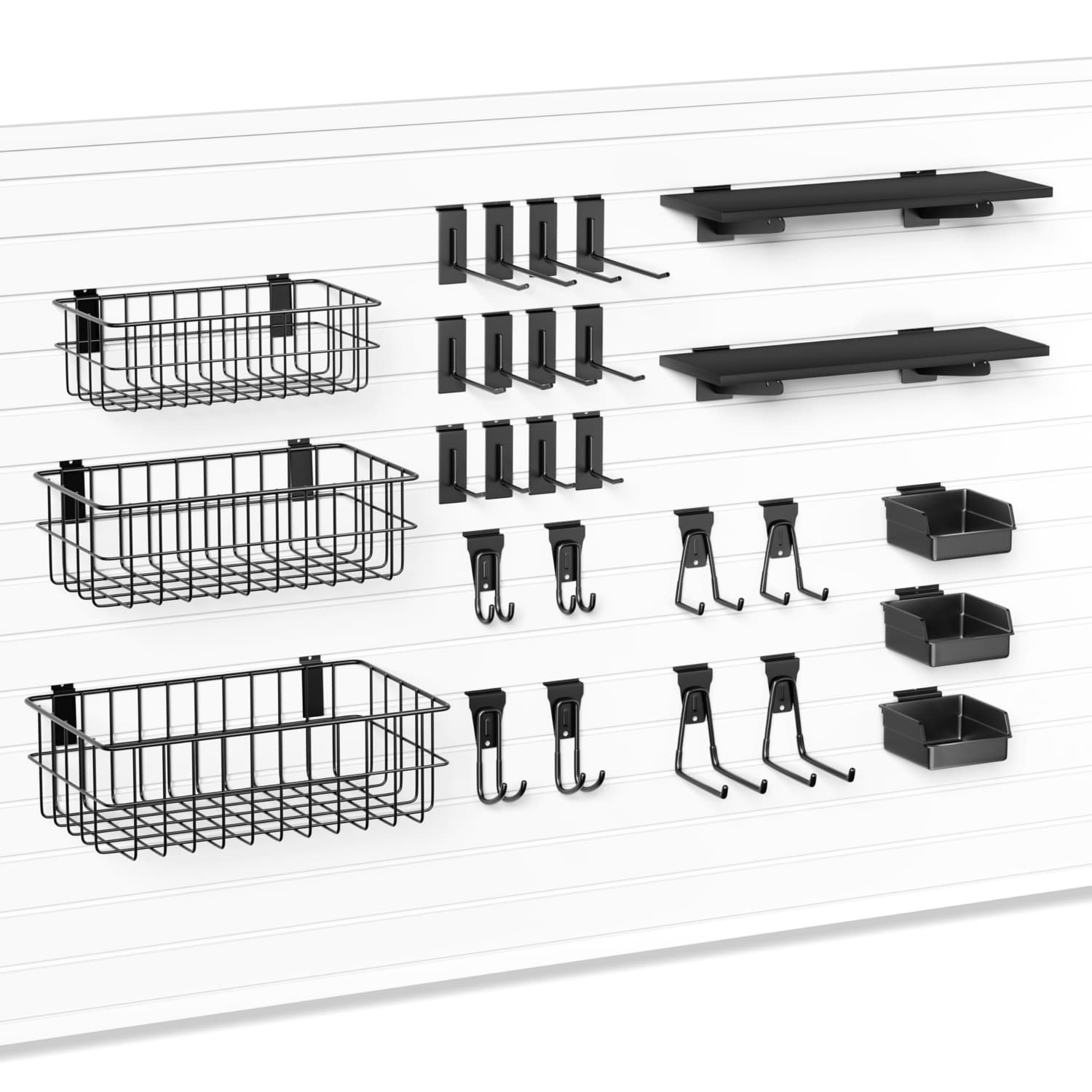 OGETFUUR 35 Pcs Slatwall Accessories 3 Sizes Baskets S M L Hooks J U Hooks Wood Shelves Plastic Bins Heavy-duty Metal Quick Snap-in for Garage Workshop Tool Organizers and Storage