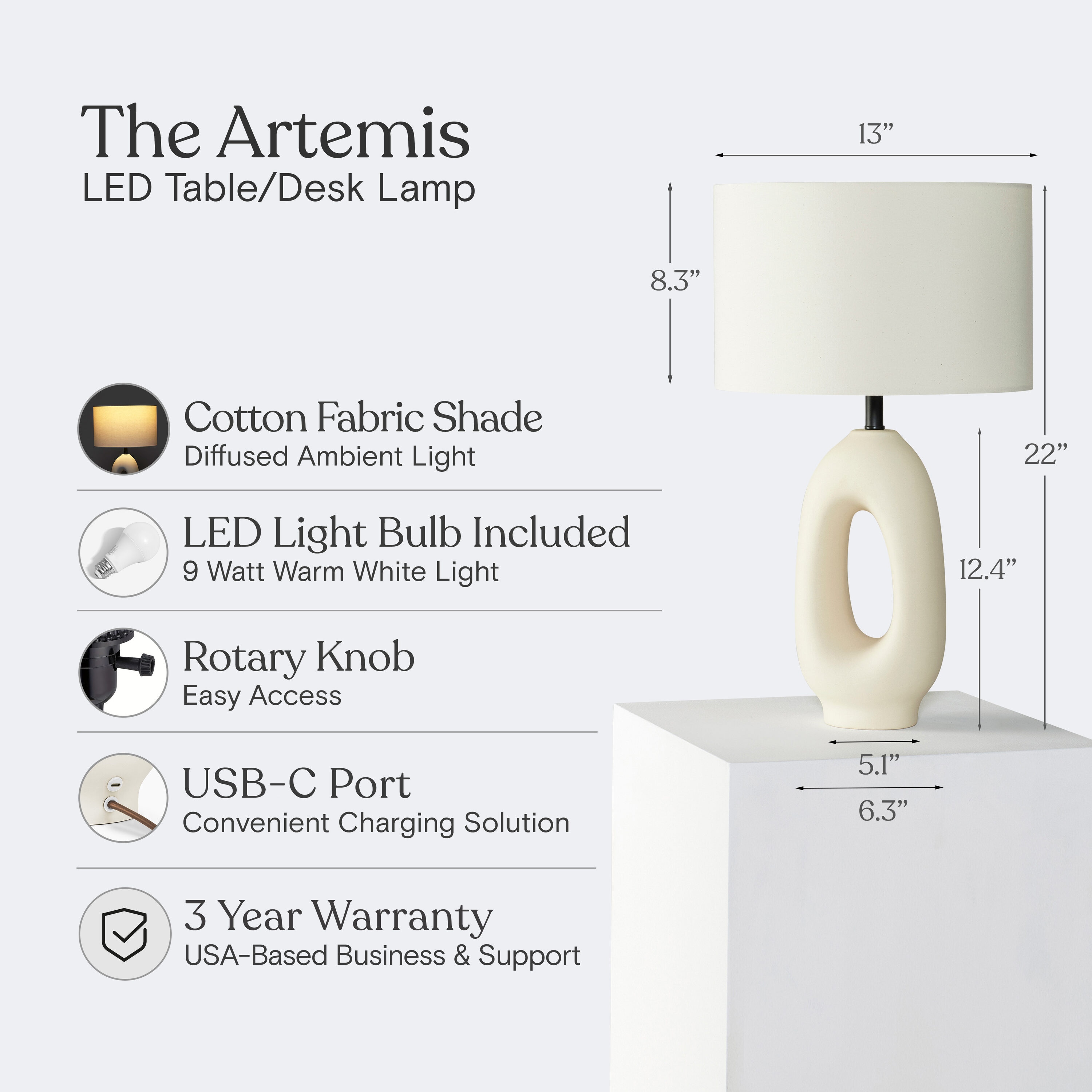 Artemis 22" White Ceramic Table Lamp with Cotton Shade