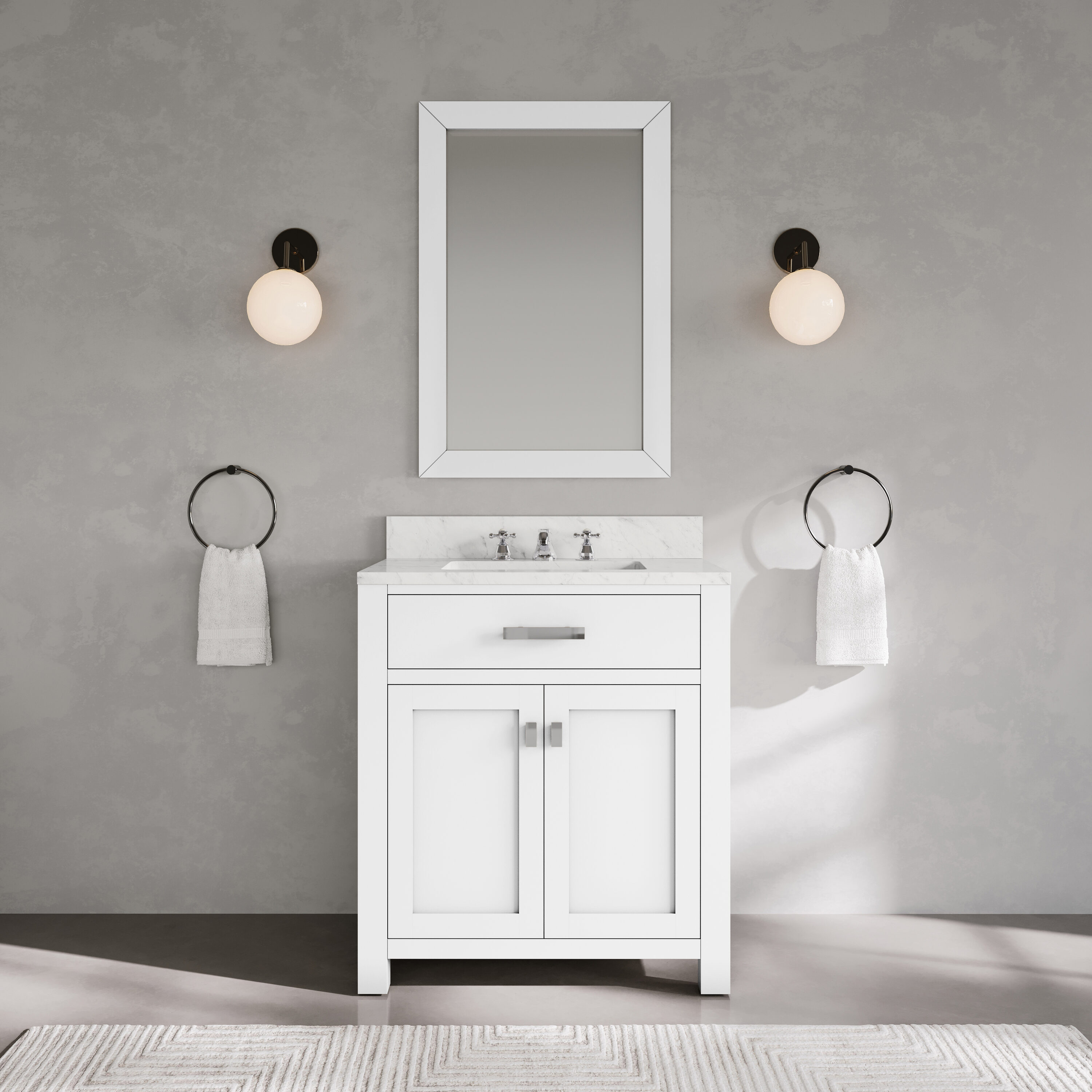 Water Creation MADISON30WB Madison 30-in Pure white Undermount Single Sink Bathroom Vanity with Carrara white Natural Marble Top (Mirror Included)
