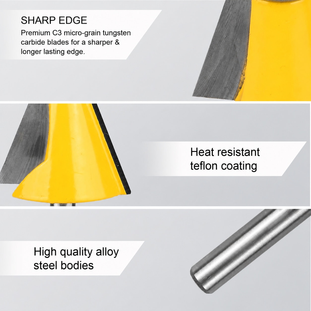 B&W 3 Piece Chamfer Router Bit Set 1 quarter inch Shank 15 22.5 30 ...