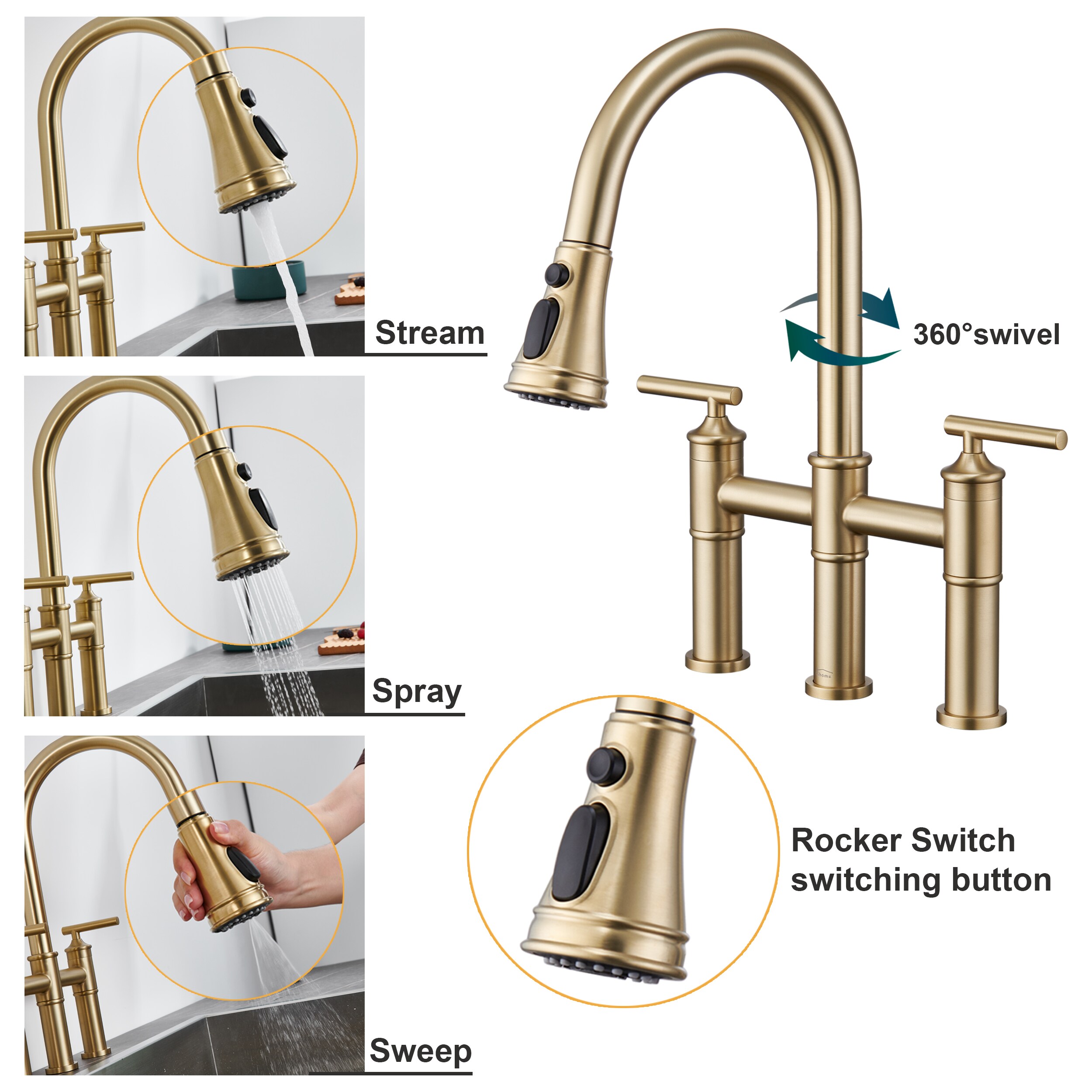 Cornet Gold Finish Kitchen Sink Faucet with Dual Spouts & Cover Plate -  Funitic