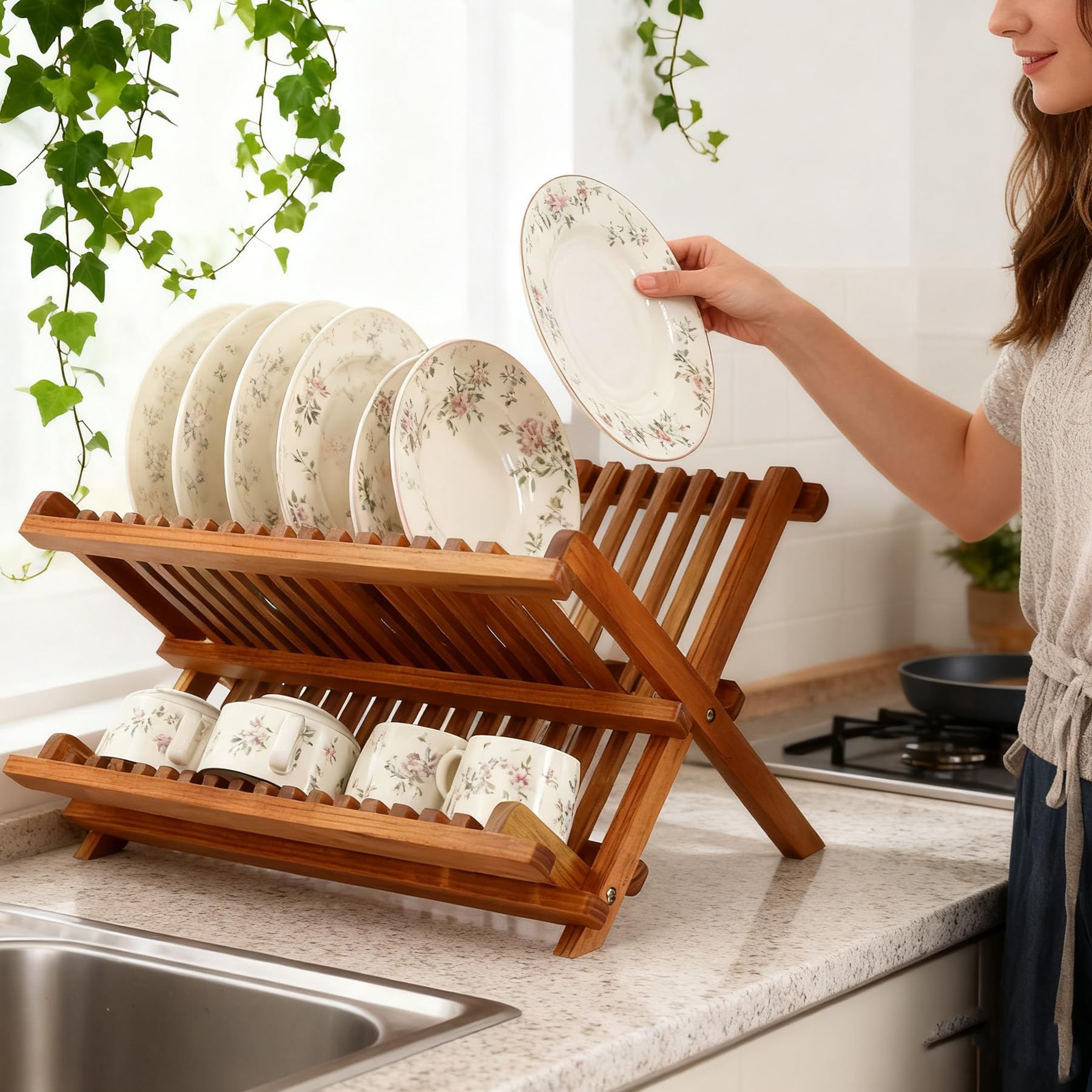 UUDULY Teak Wood Dish Drying Rack Collapsible Two Tier Foldable Plate ...