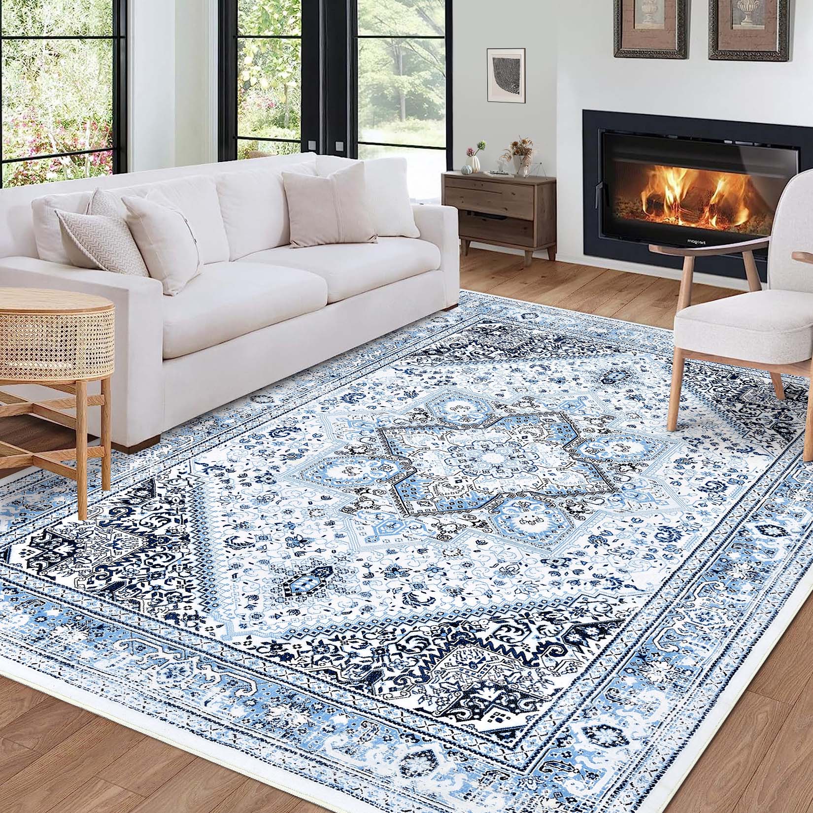 Garvee YXY-LO-PHO-0YZMVLM3 9 x 12 (ft) Loomed Polyester Blue Rectangular Indoor Geometric Persian Machine washable Area rug