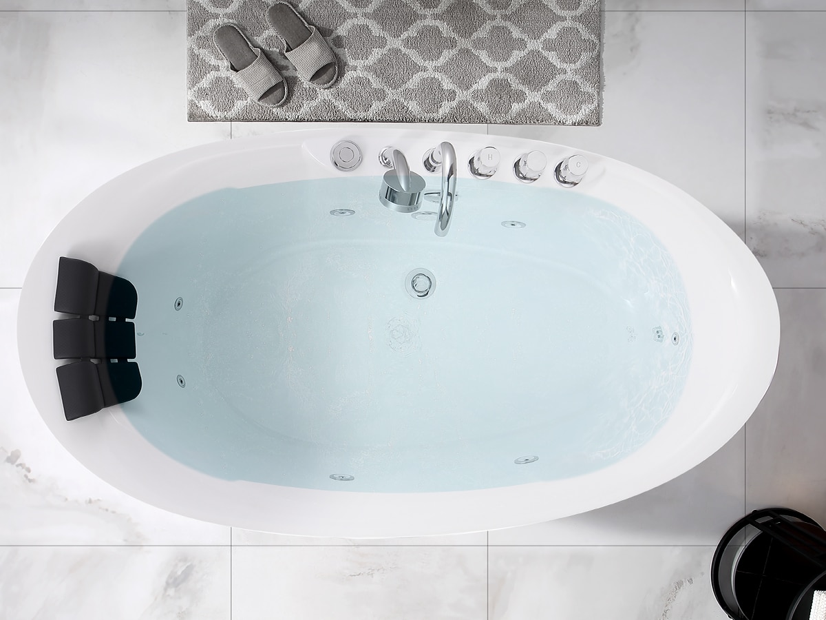 Mjkone Freestanding Whirlpool Bathtub,Spacious Triangle Shaped Back to Wall  Tub,Therapy Massage Soaking Tub with Double Pillows,Elegant White Acrylic  Jet Spa with Powerful Hydro Jets 