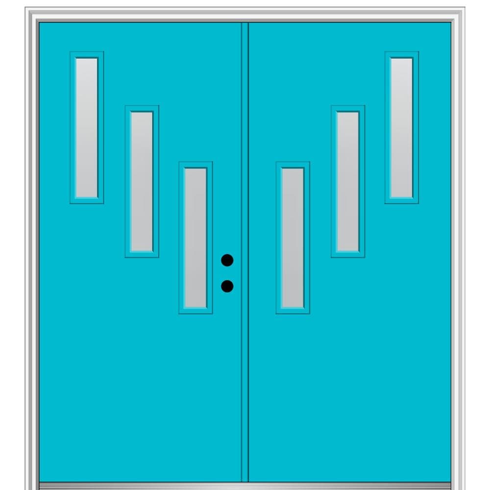 MMI DOOR ZZ347905L Spotlights 72-in x 80-in x 4-9/16-in Fiberglass Pulse lite Left-hand inswing Bahama Blue Painted Prehung Double Front Door with Brickmould Insulating core