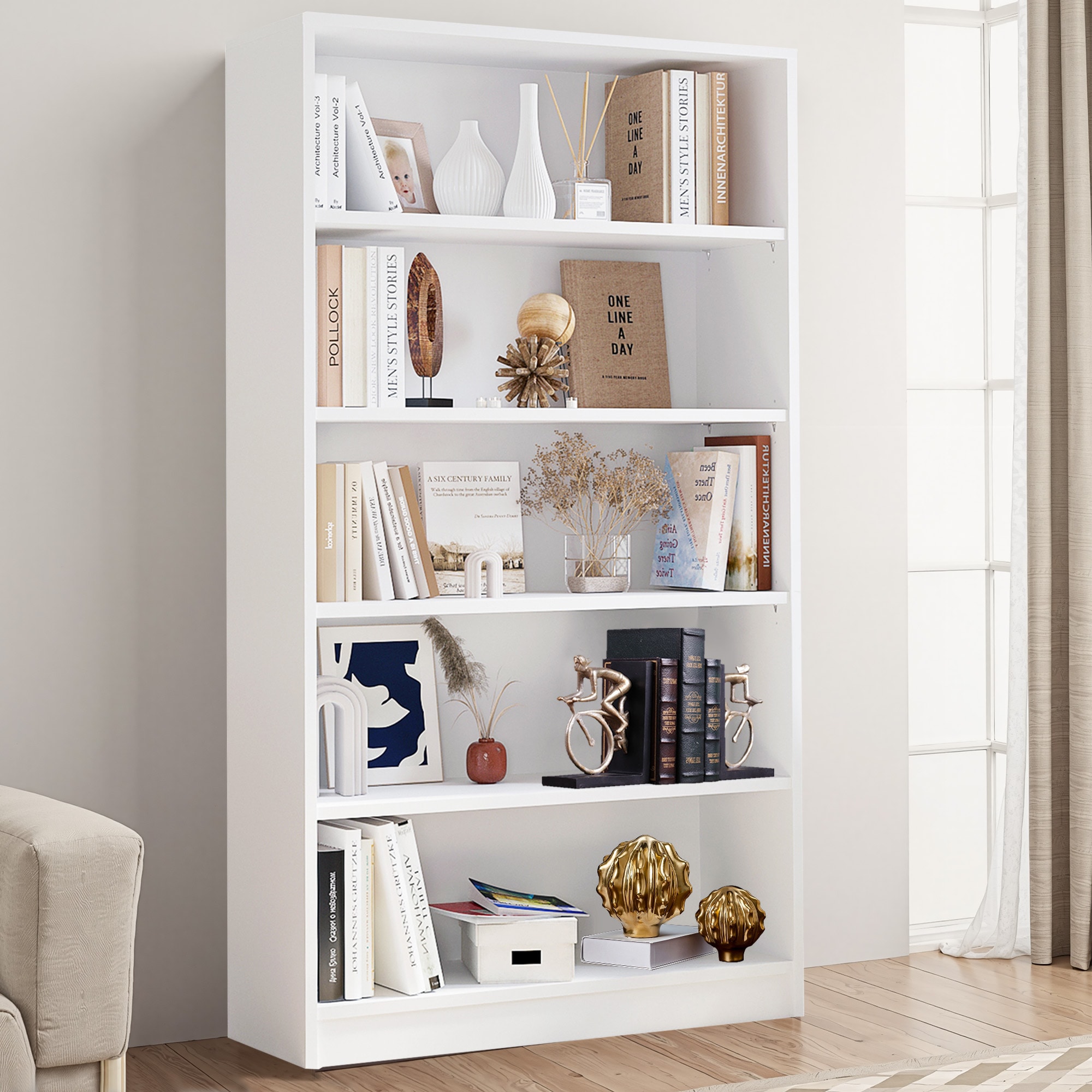 5 Tier Open Bookshelf Tall Bookcase Storage Shelving Unit Anti Tip Frame Freestanding Display Rack with Cable for Home Office