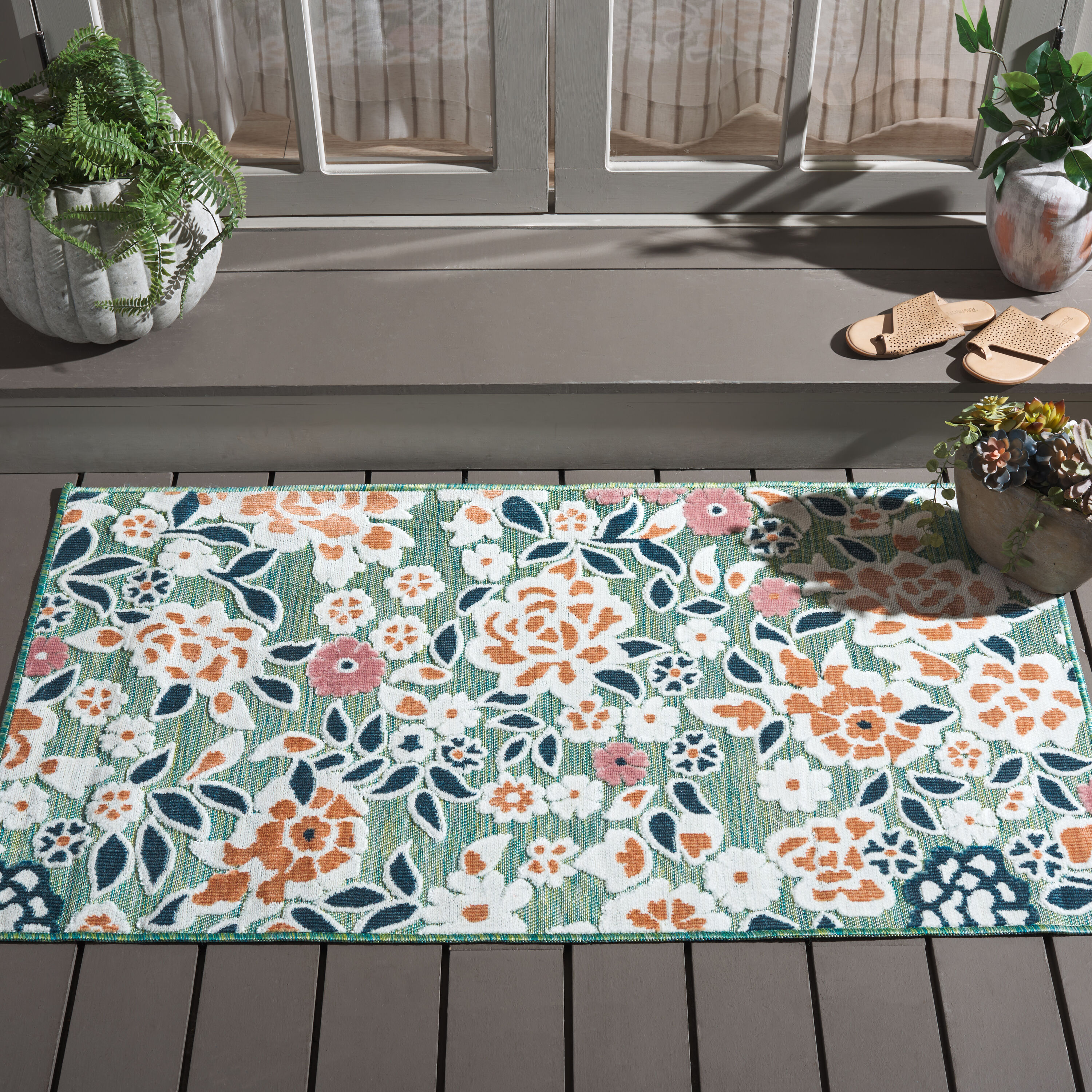 Cabana Cbn485N Green Navy 2ft-7in x 5ft Small Rectangle Rug