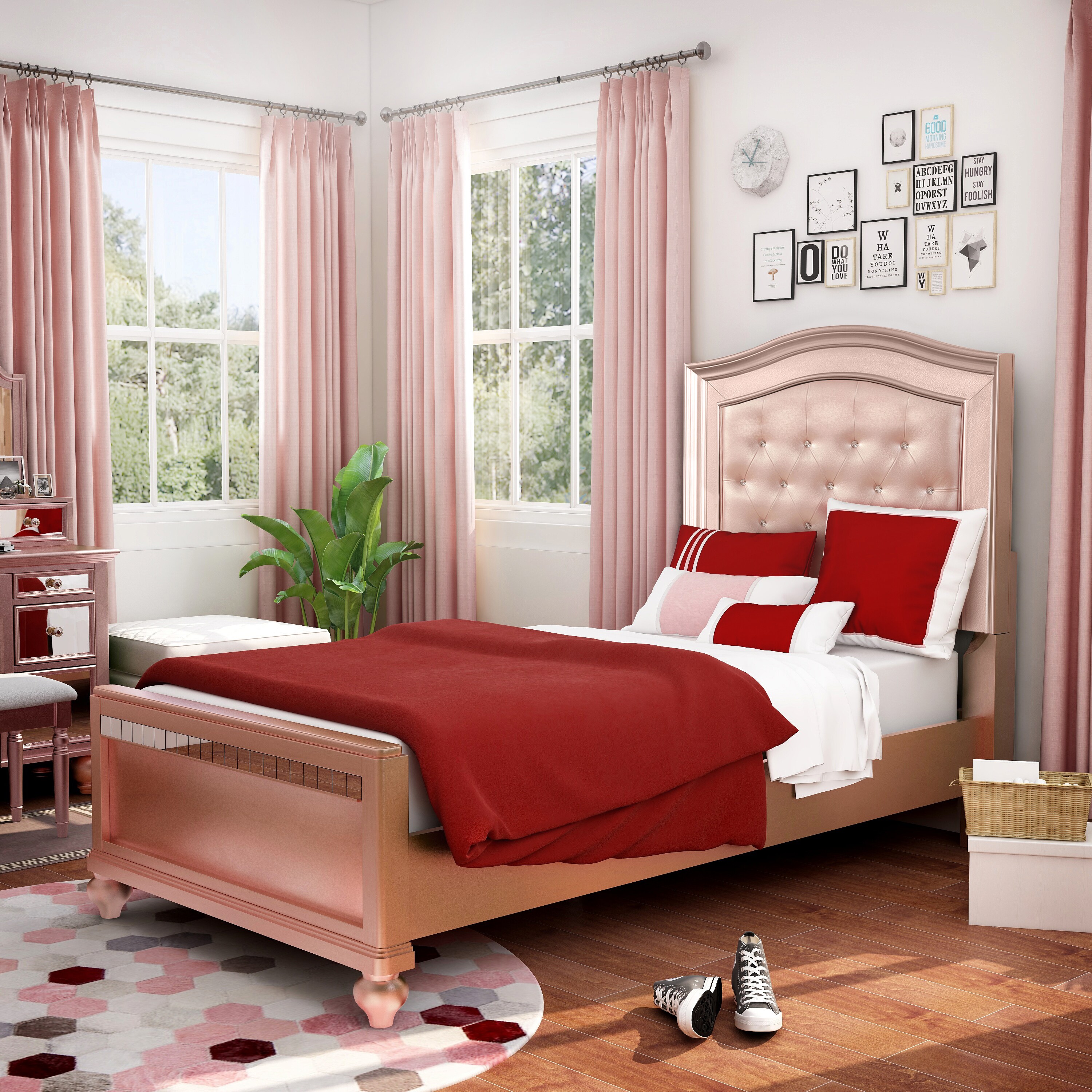 Furniture of America Ariston Rose Pink Tufted Twin Bed