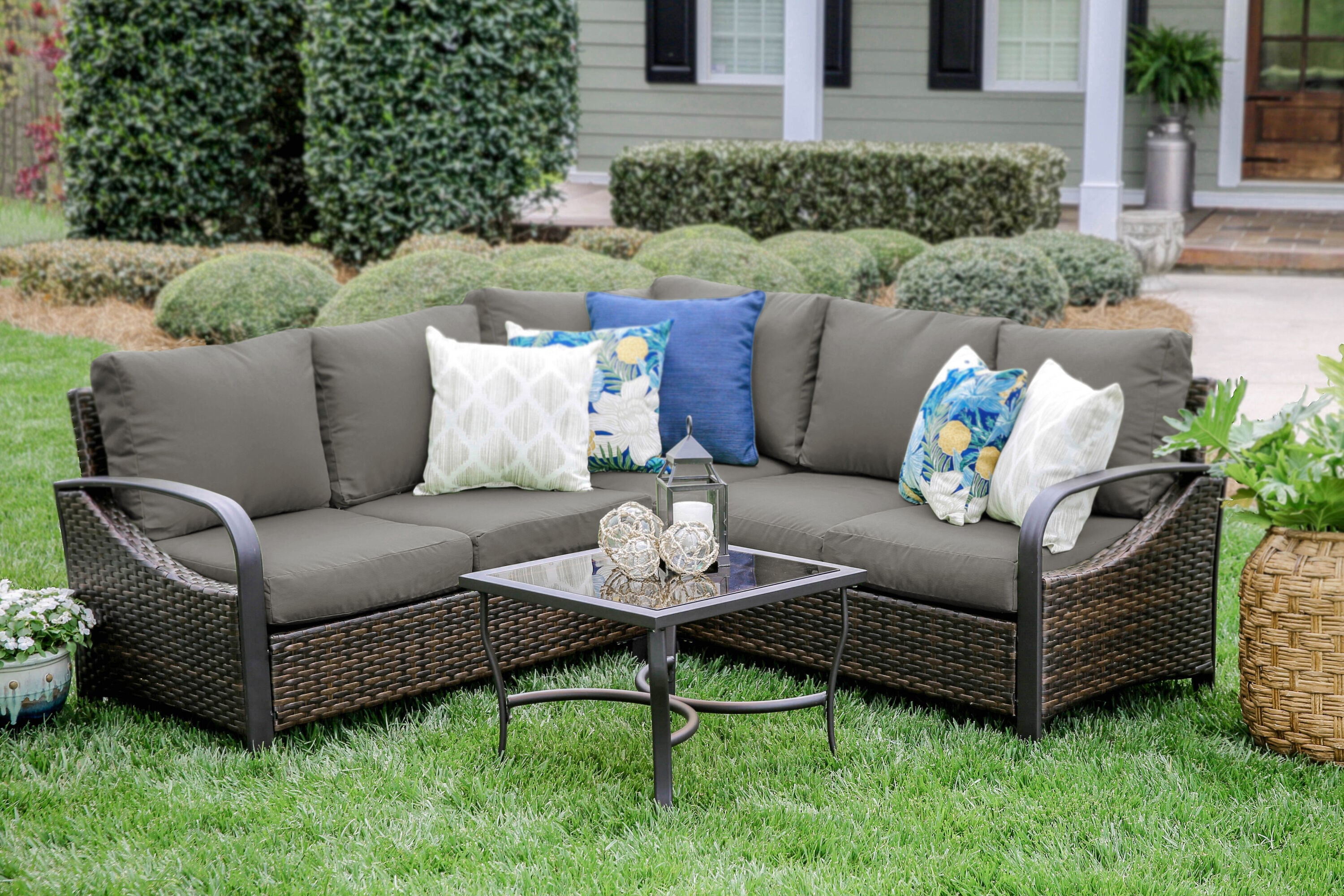 Leisure Made 490045-GRY Trenton Wicker Outdoor Sectional with Gray Cushions and Aluminum Frame
