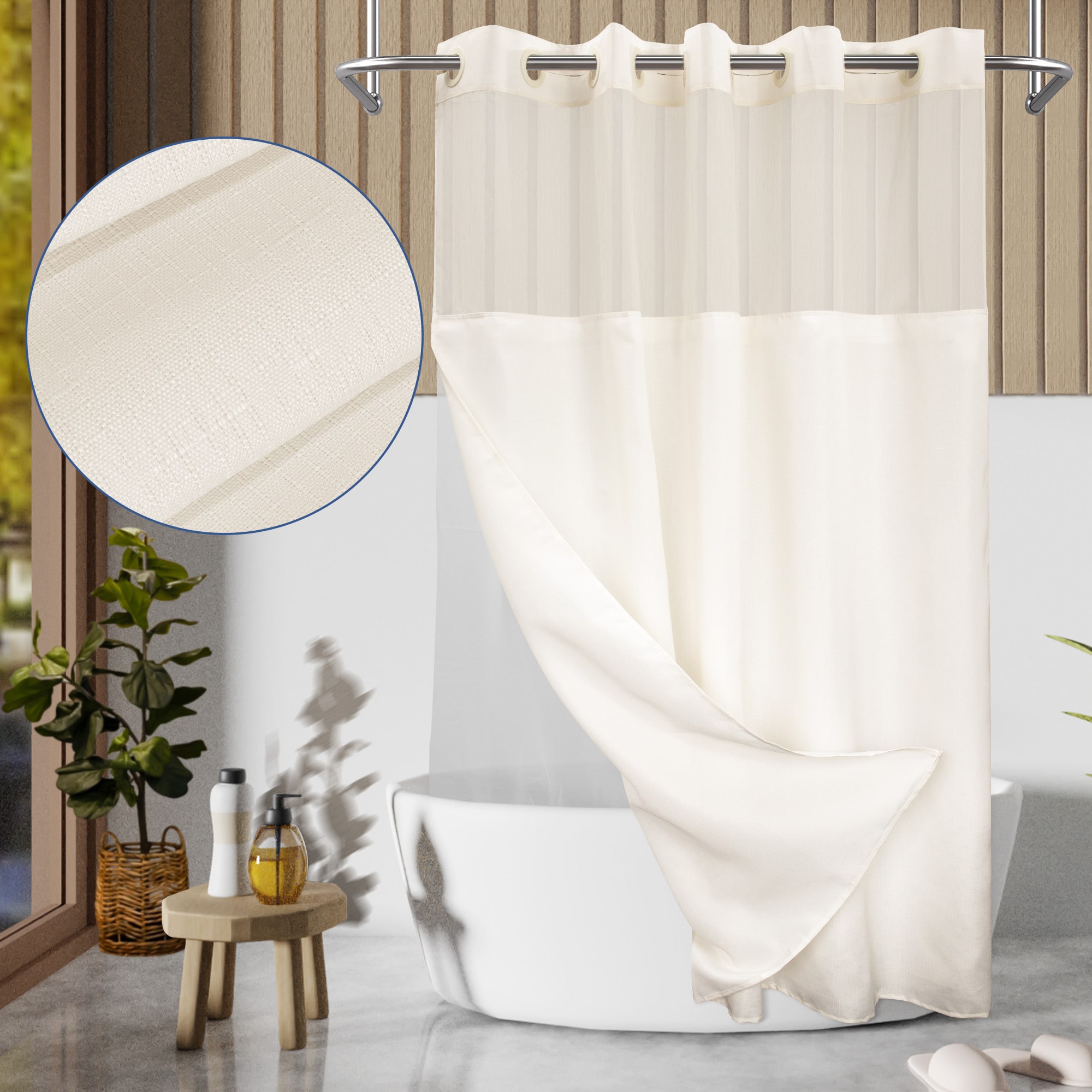 Awesome Home No Hook 71-in W x 74-in L Cream Slub Linen Texture Polyester Shower Curtain with PEVA Snap-in Liner