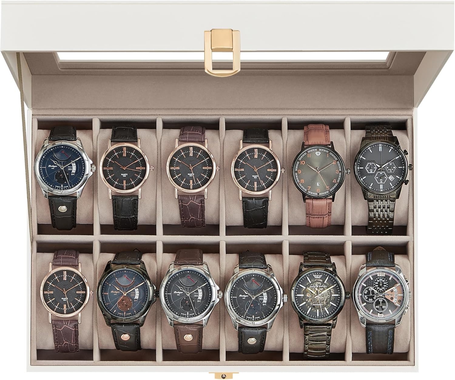 SONGMICS HOME JWB120W01 12-Slot Watch Box with Large Glass Lid Cloud White Synthetic Leather