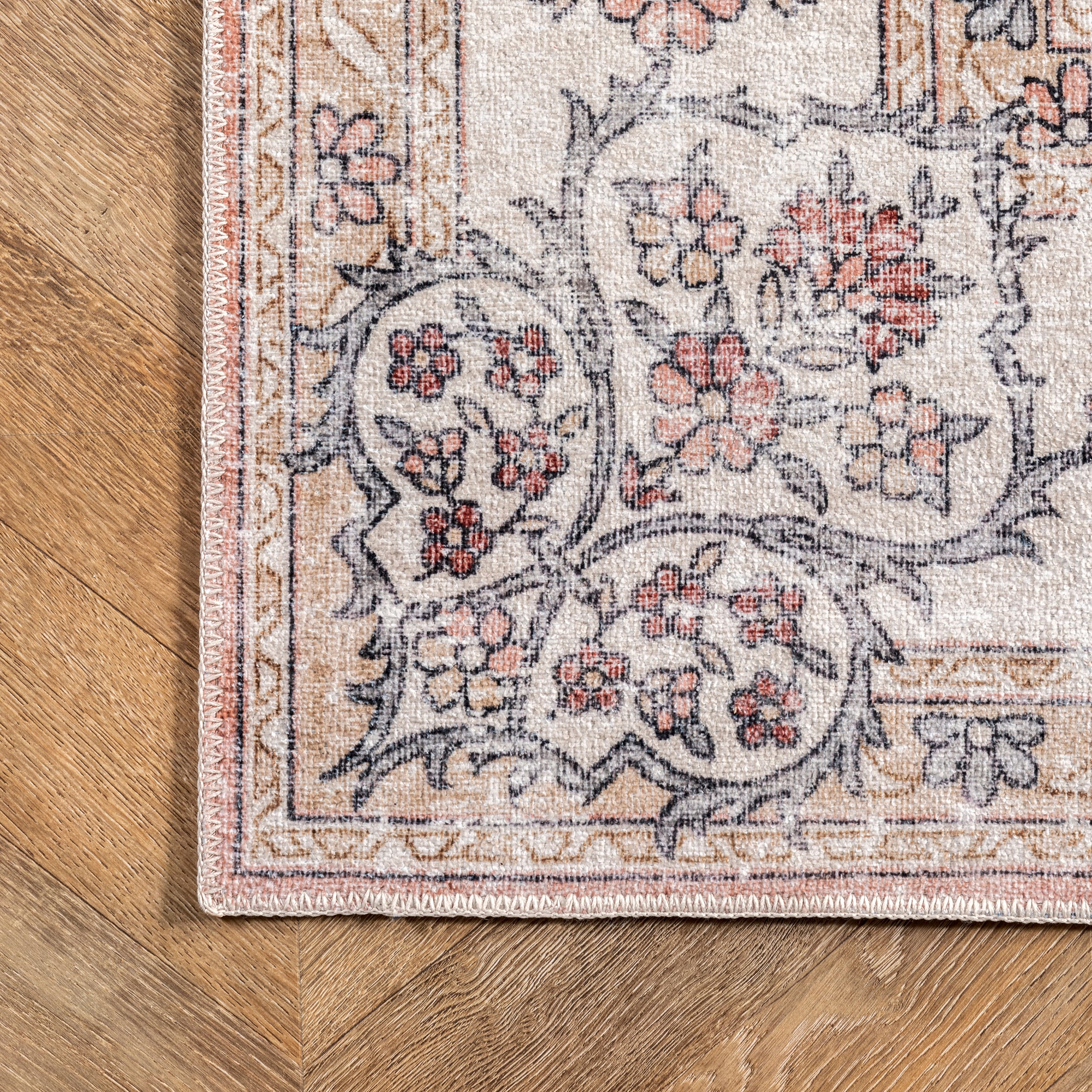 Peach Floral Synthetic Washable Reversible Area Rug