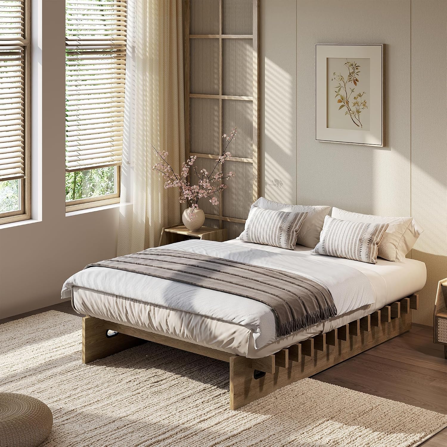 IdealHouse Queen Size Platform Bed Frame-Solid Wood Low Profile No Box Spring Required Mortise and Tenon Joints Noise Free Easy Assembly  Pine