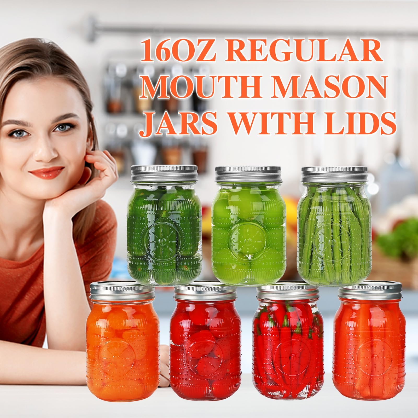 DHMHD Regular Mouth Mason Jars 16 oz with Metal Lids and Bands Pint ...