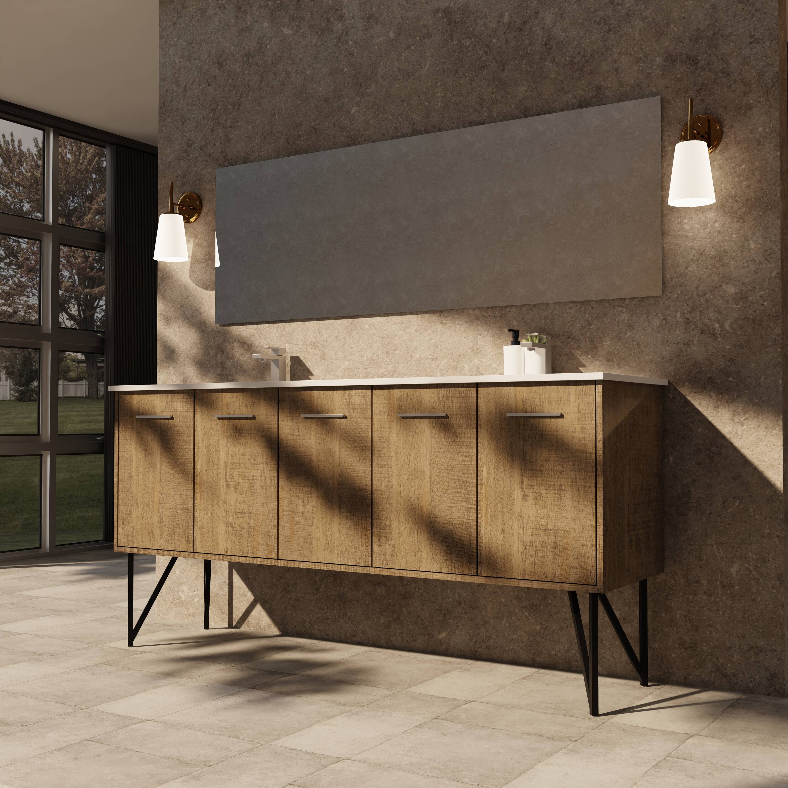 Lexora LLC72DKSOSM70FGM Lancy 72-in Rustic Acacia Undermount Double Sink Bathroom Vanity with White Quartz Top (Mirror Included) (Faucet Included)