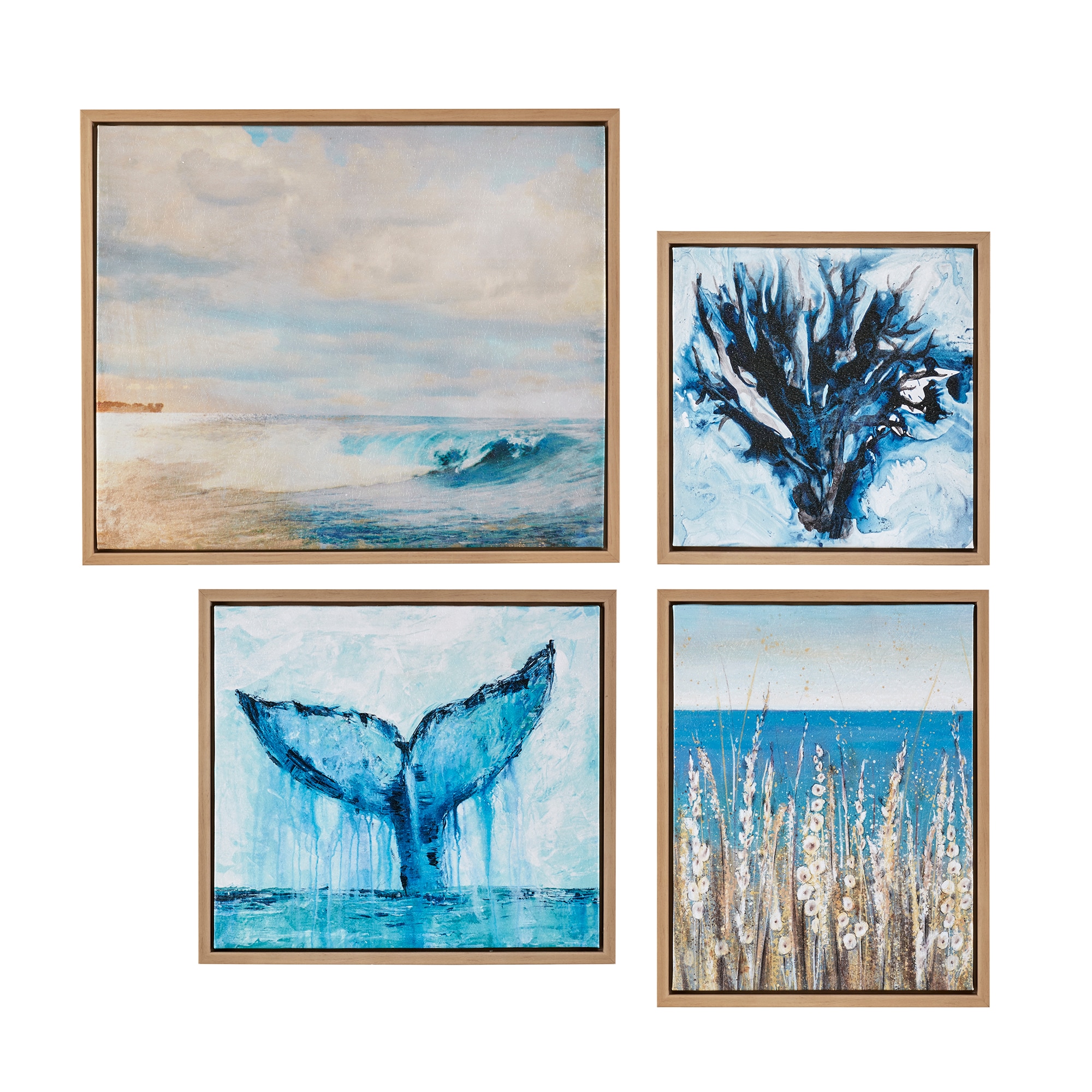 Madison Park MP95C-0146A Seascape 4-piece Framed Canvas Wall Art Set Delsie WaltersMegan SwartzConnor Adams Matina Theodosiou Natural Framed 21.6-Inches H x 25.6-Inches W Coastal Canvas Painting
