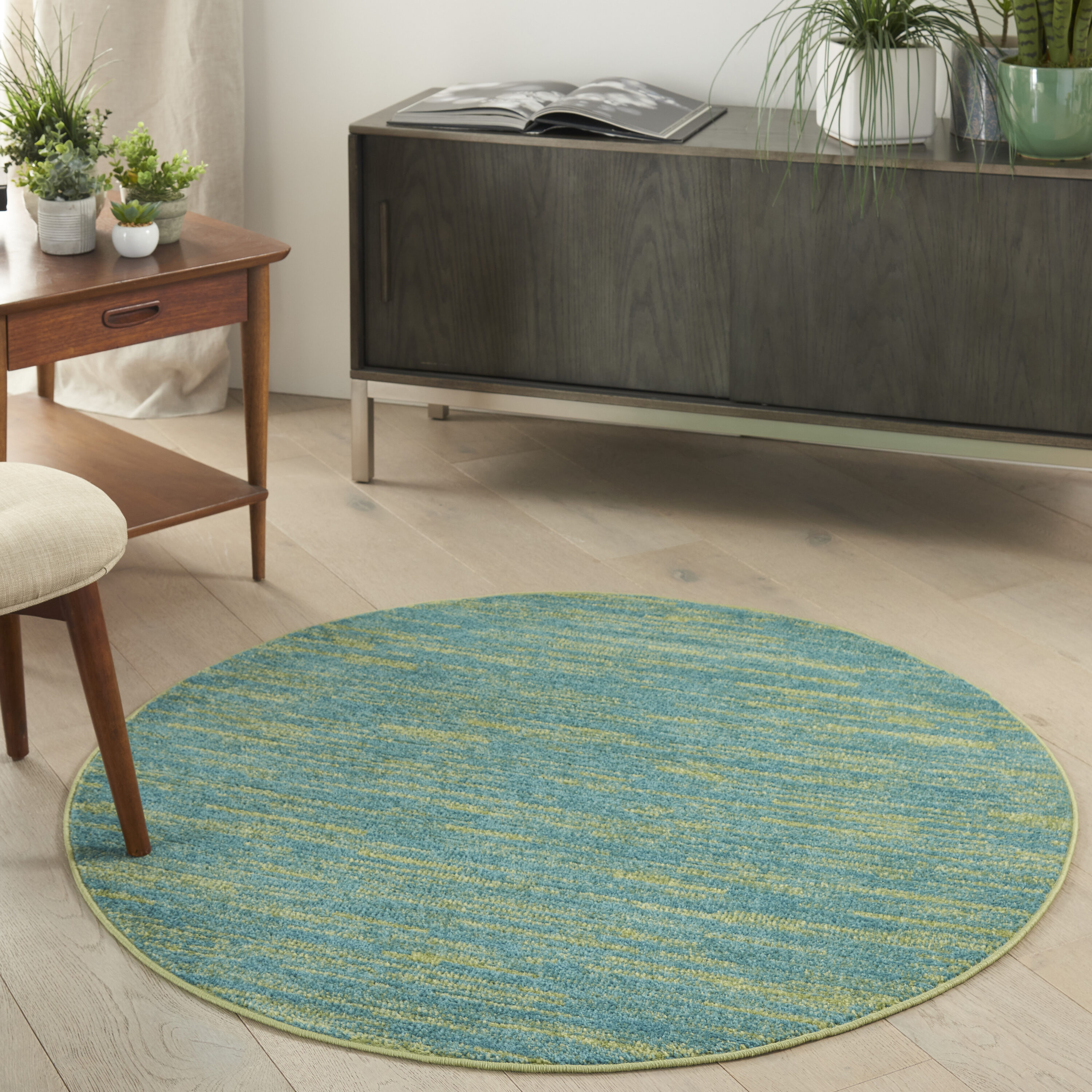 Nourison 099446823168 Essentials 4 x 4 (ft) Loomed Polypropylene Blue Green Round Indoor/Outdoor Solid Area rug