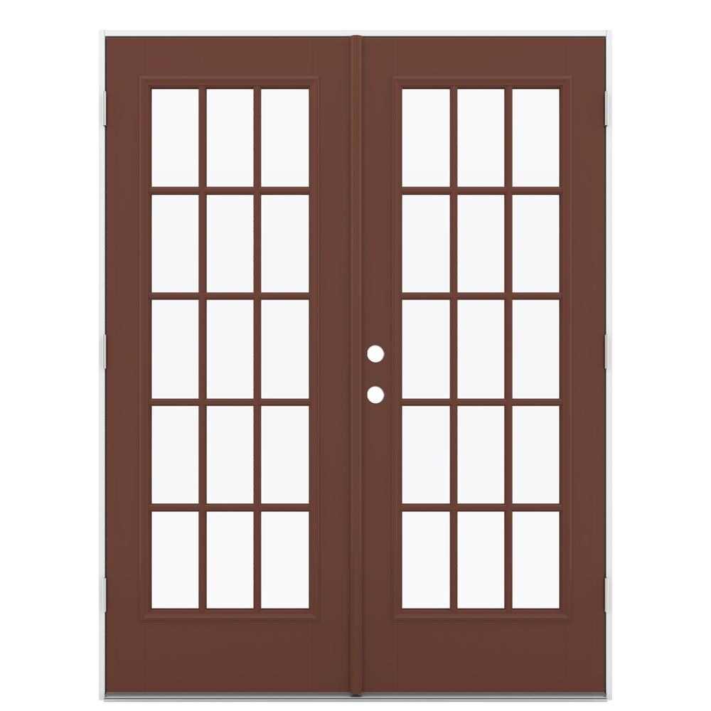 JELD-WEN LOWOLJW184100070 60-in x 80-in x 4-9/16-in Jamb Low-e Simulated Divided Light Fox Tail Fiberglass French Left-Hand Outswing Double Patio Door