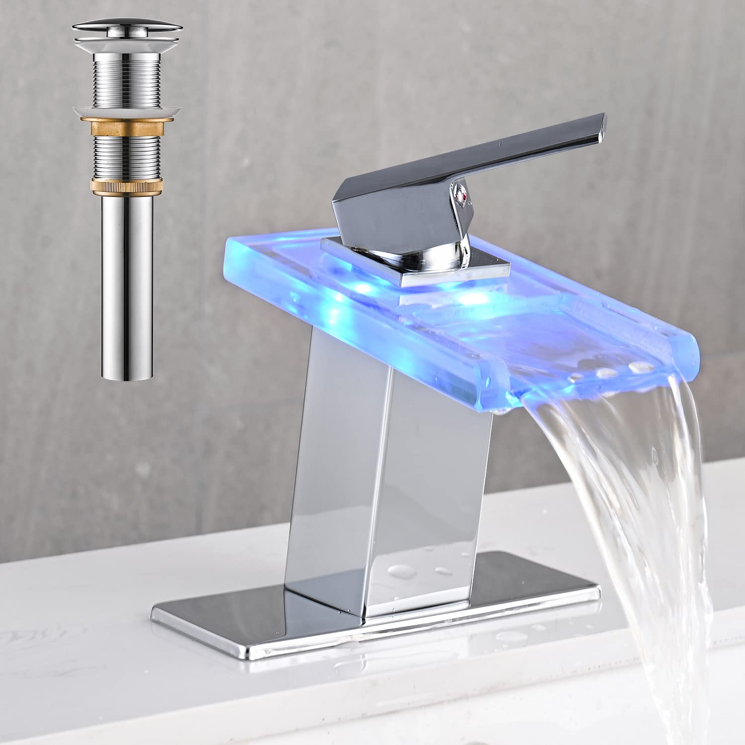AVSIILE Single Hole Waterfall Bathroom Sink Faucet with LED Temperature Display Chrome Finish Glass Spout Pop Up Drain and Supply Lines Included