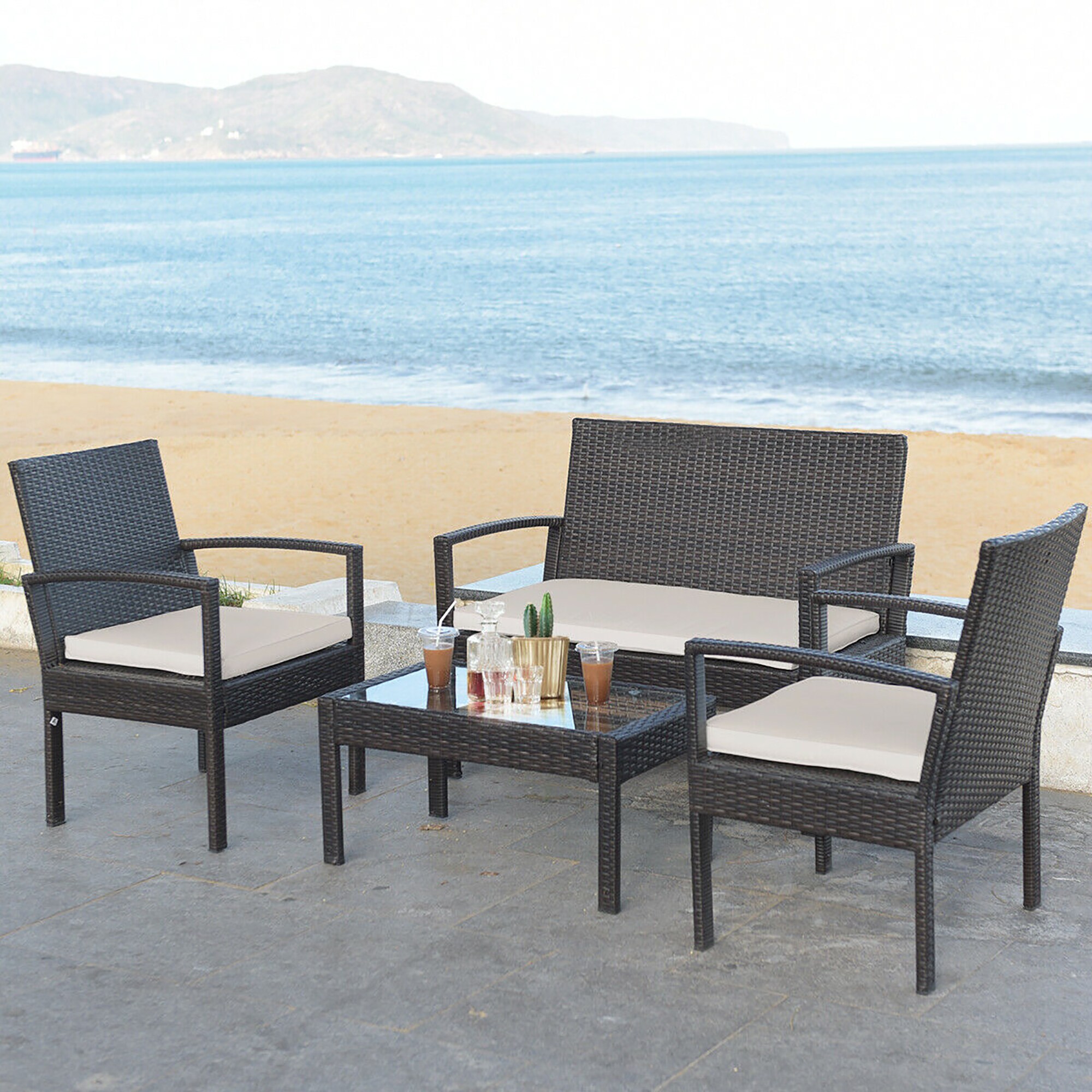 Goplus Costway Rattan Outdoor Sofa with Black Cushion(S) and Rattan ...