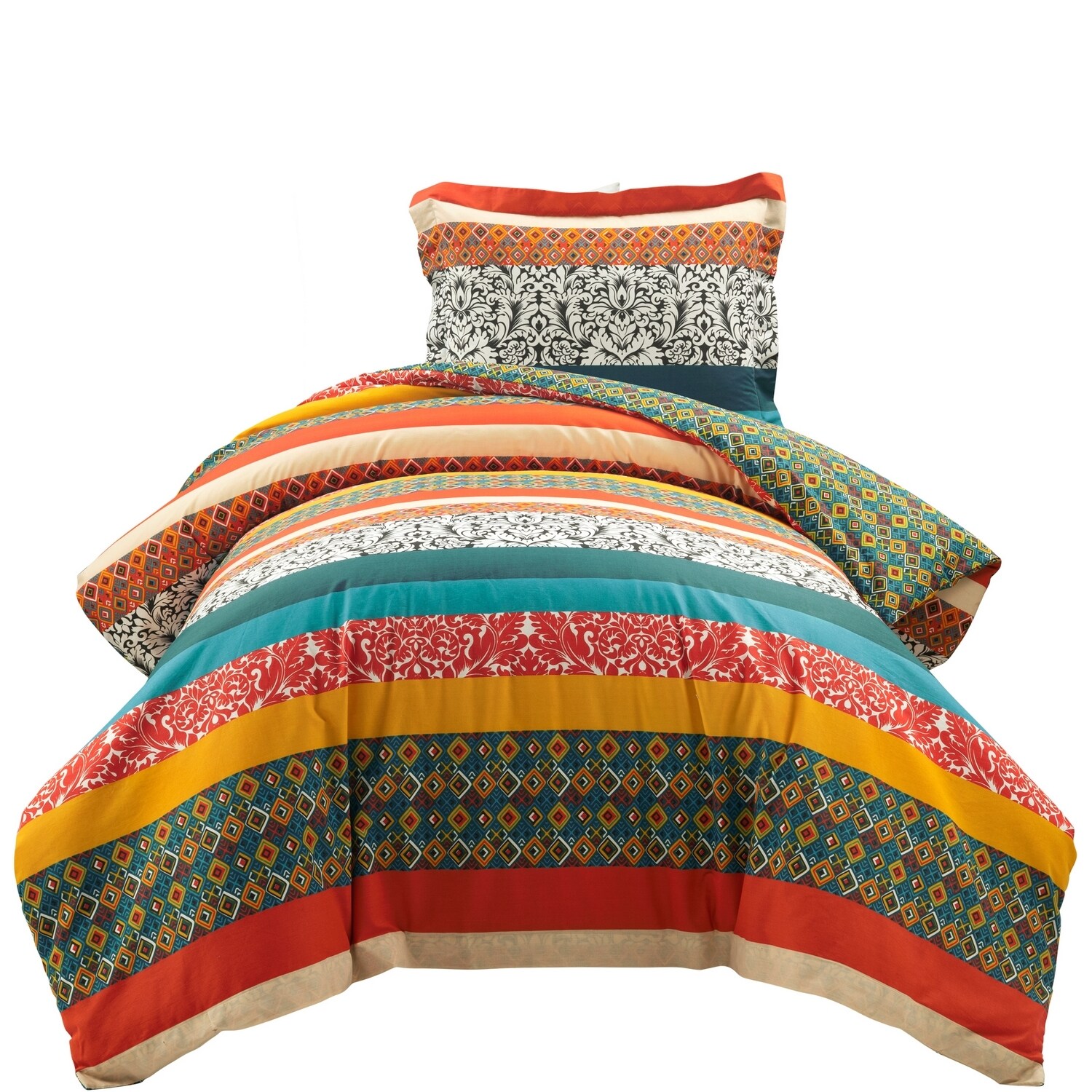 Turquoise and Tangerine Boho Stripe Reversible Cotton Duvet Cover Set