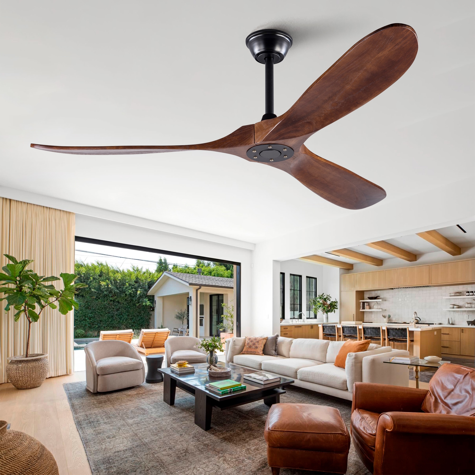GDFStudio Premium 60 in Sycamore Wood Large Ceiling Fan - Lightless Low-Profile Smart Fan with 6-Speed Silent DC Motor and Timer - Modern High-Airflow Ceiling Fan for Angled and High Ceilings