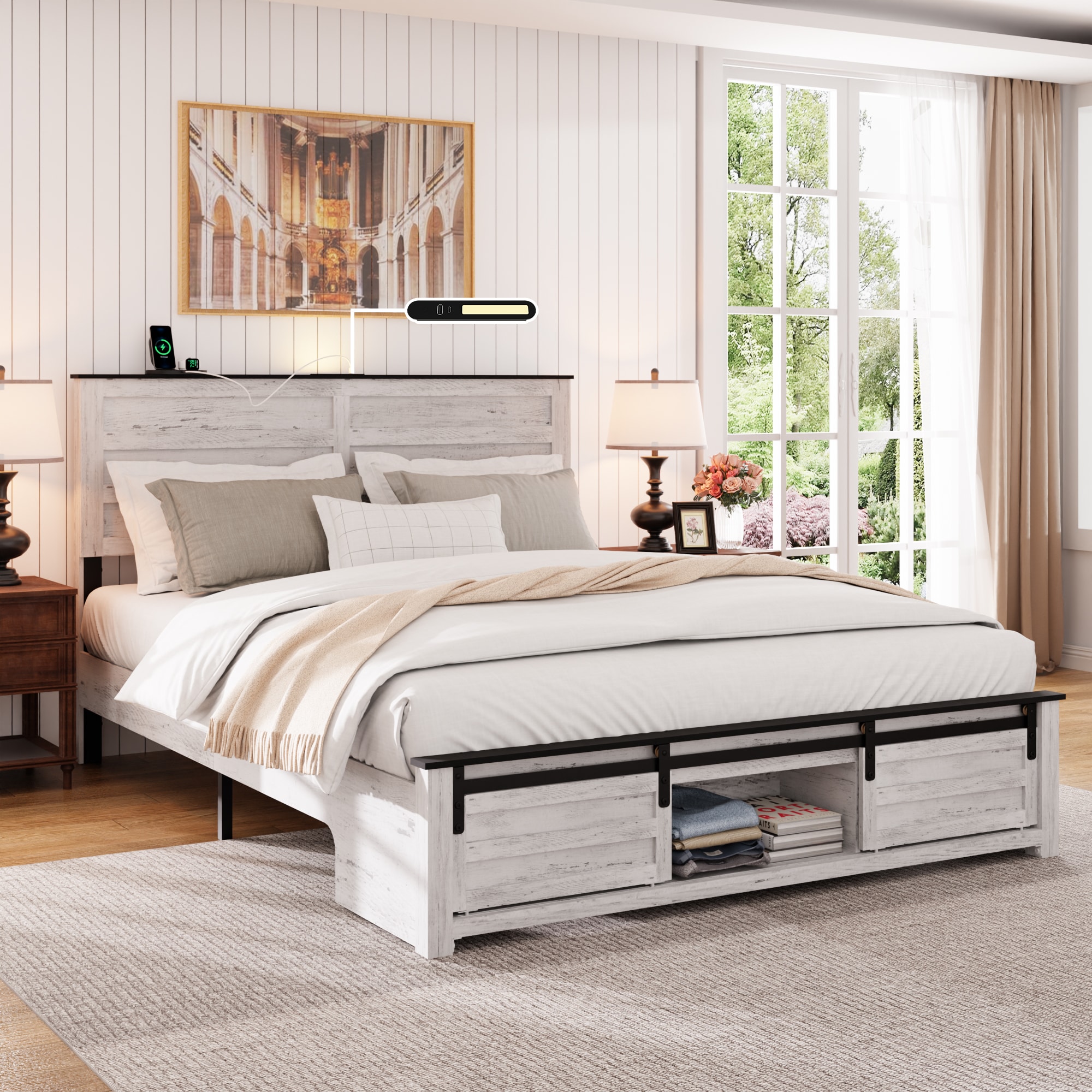 LUXEYARD Queen Bed Frame with Upholstered Headboard and Wood PlatformStorage Headboard with Charging Station and LED  Bed Frame with Pet BedNo Noise No Box Spring NeededEasy AssemblyAntique White