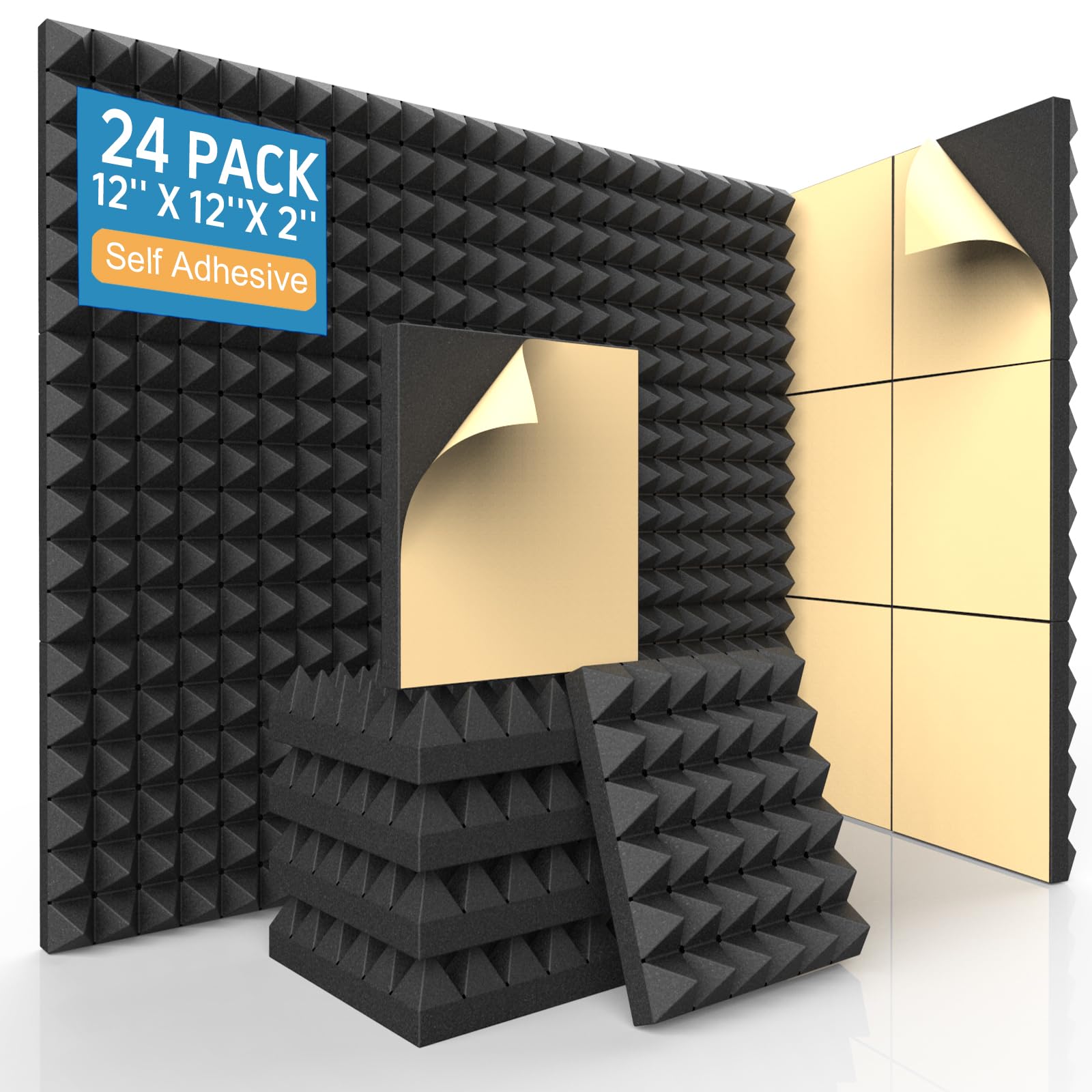 Ahfiwaso  24 Pack Self Adhesive Acoustic Foam Panels High Density Pyramid Soundproof Wall Panels Fire Resistant for Home Office Studio