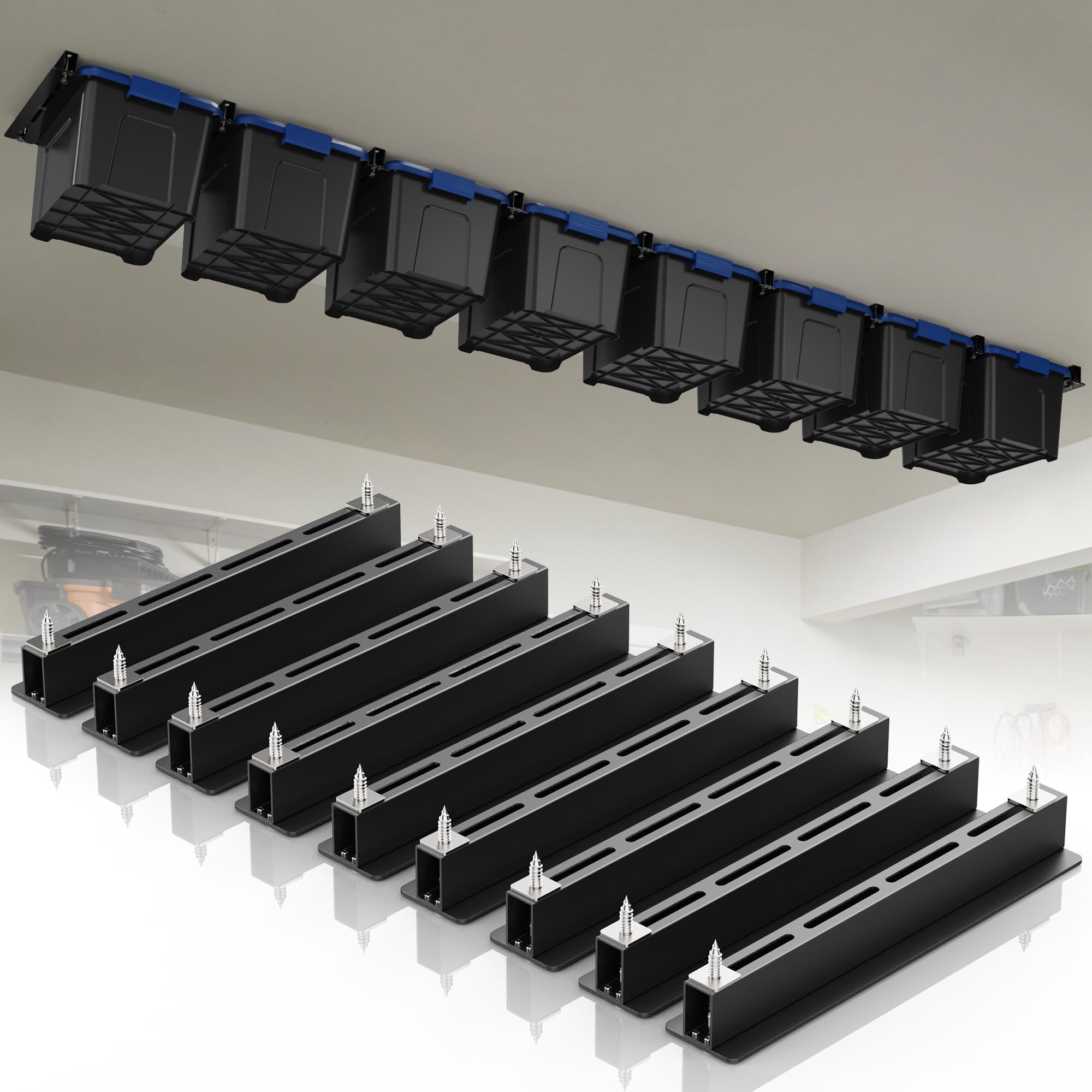 Aoibox  Overhead Garage Storage Rack 9 Sets for 8 Bins Heavy Duty Ceiling Storage Rails for 27 Gallon Totes 17 x 3 x 3 Inch Black