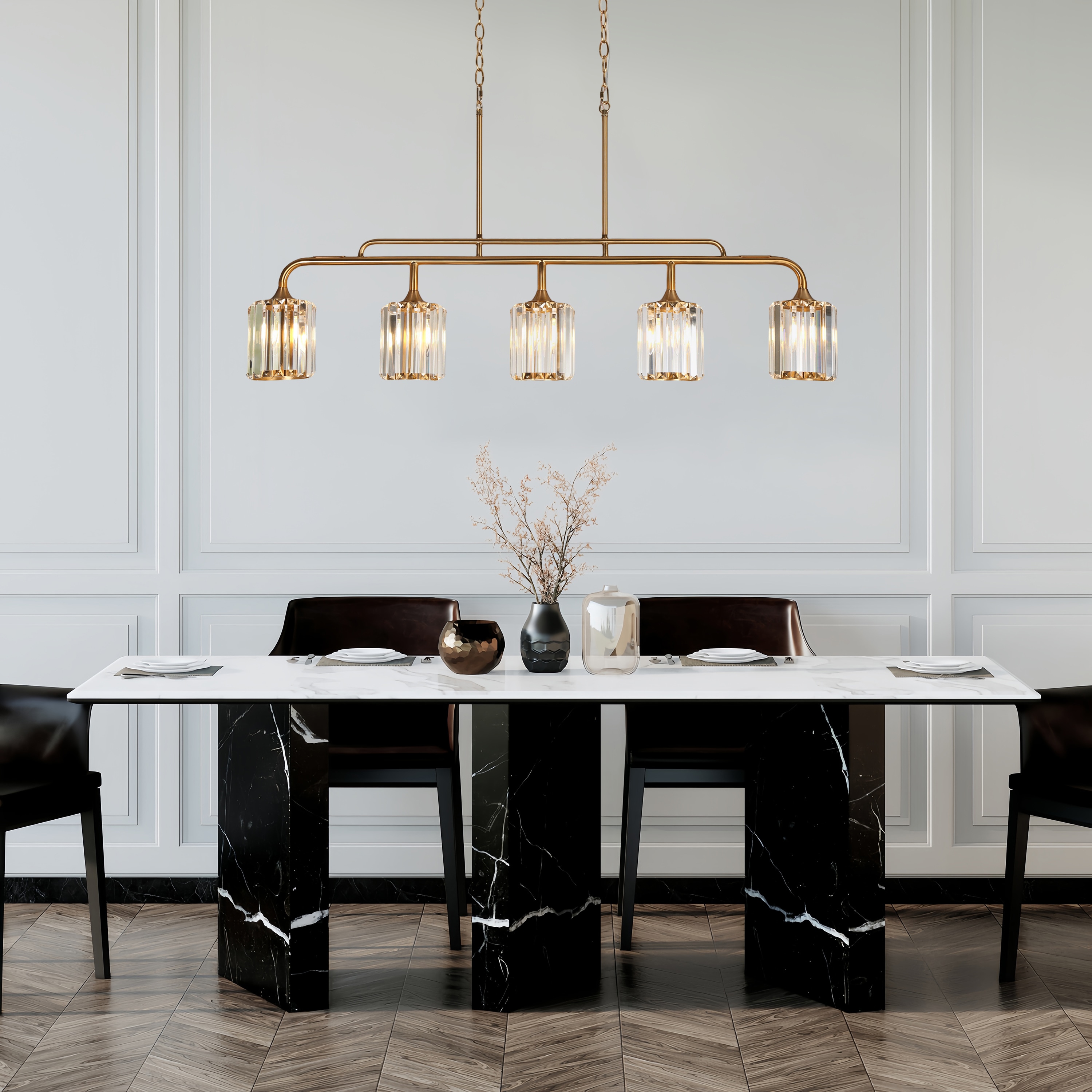 Oversized Brass and Crystal 47" Linear Island Chandelier