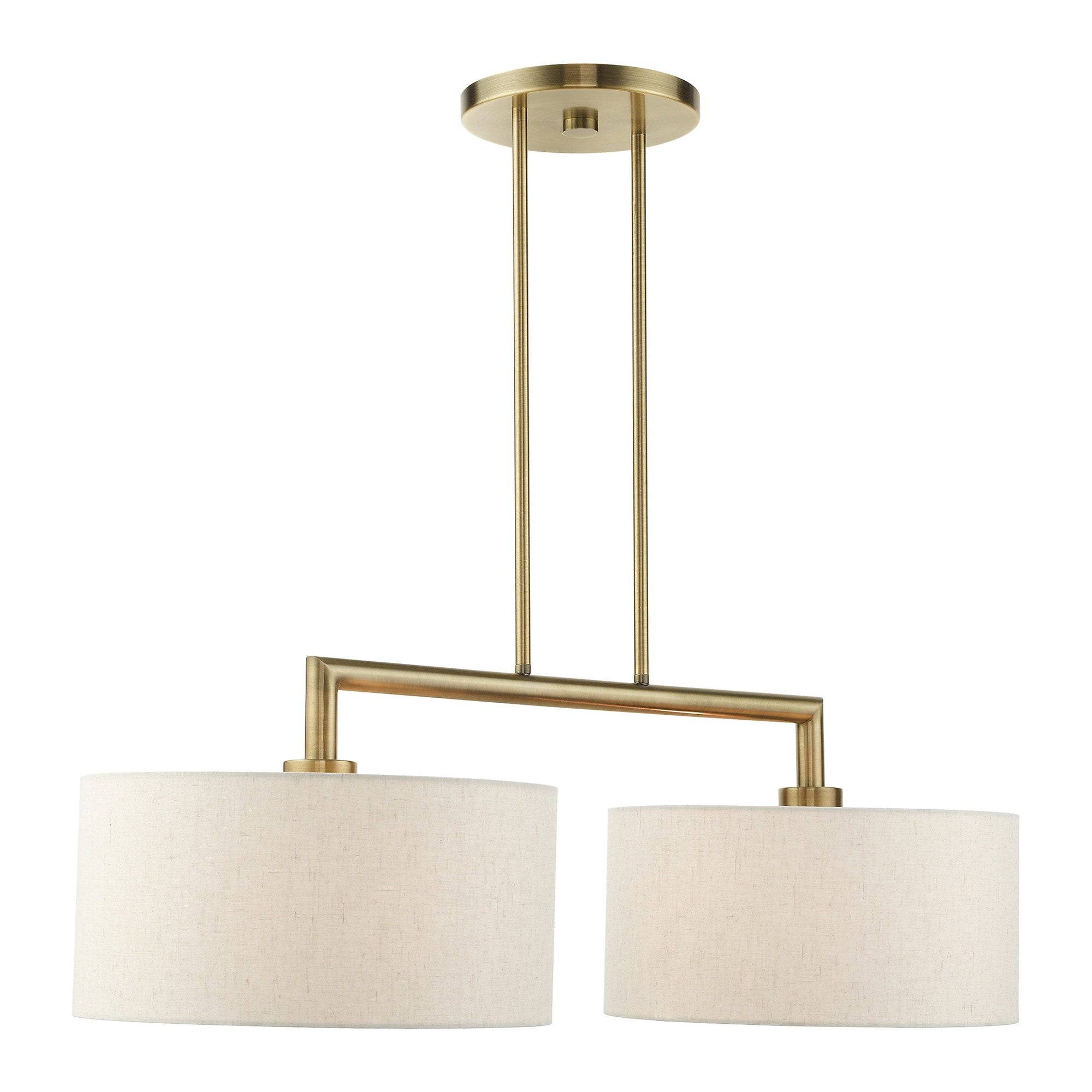 Antique Brass Dual-Light Linear Chandelier with Oatmeal Shades