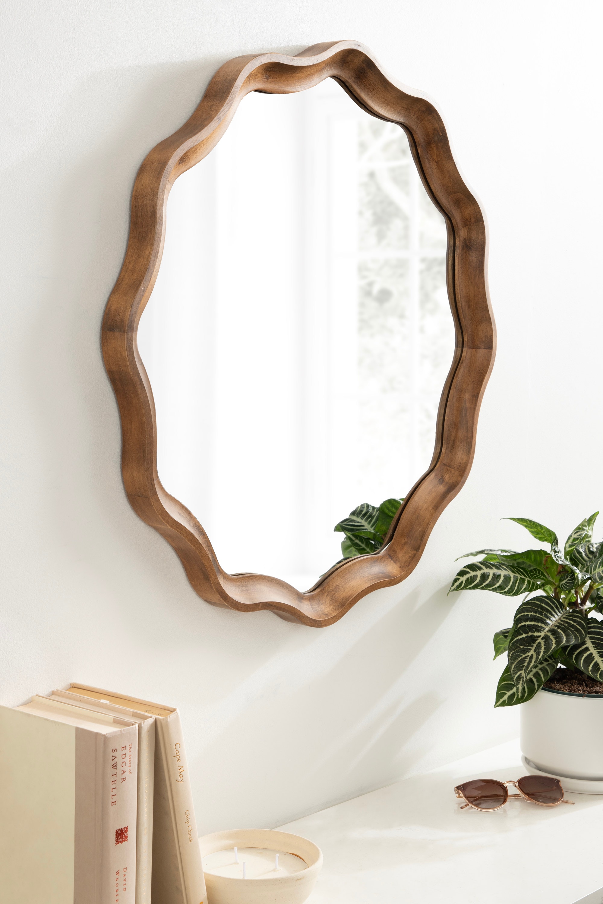 Hatherleigh 28" Rustic Brown Scalloped Round Wood Mirror