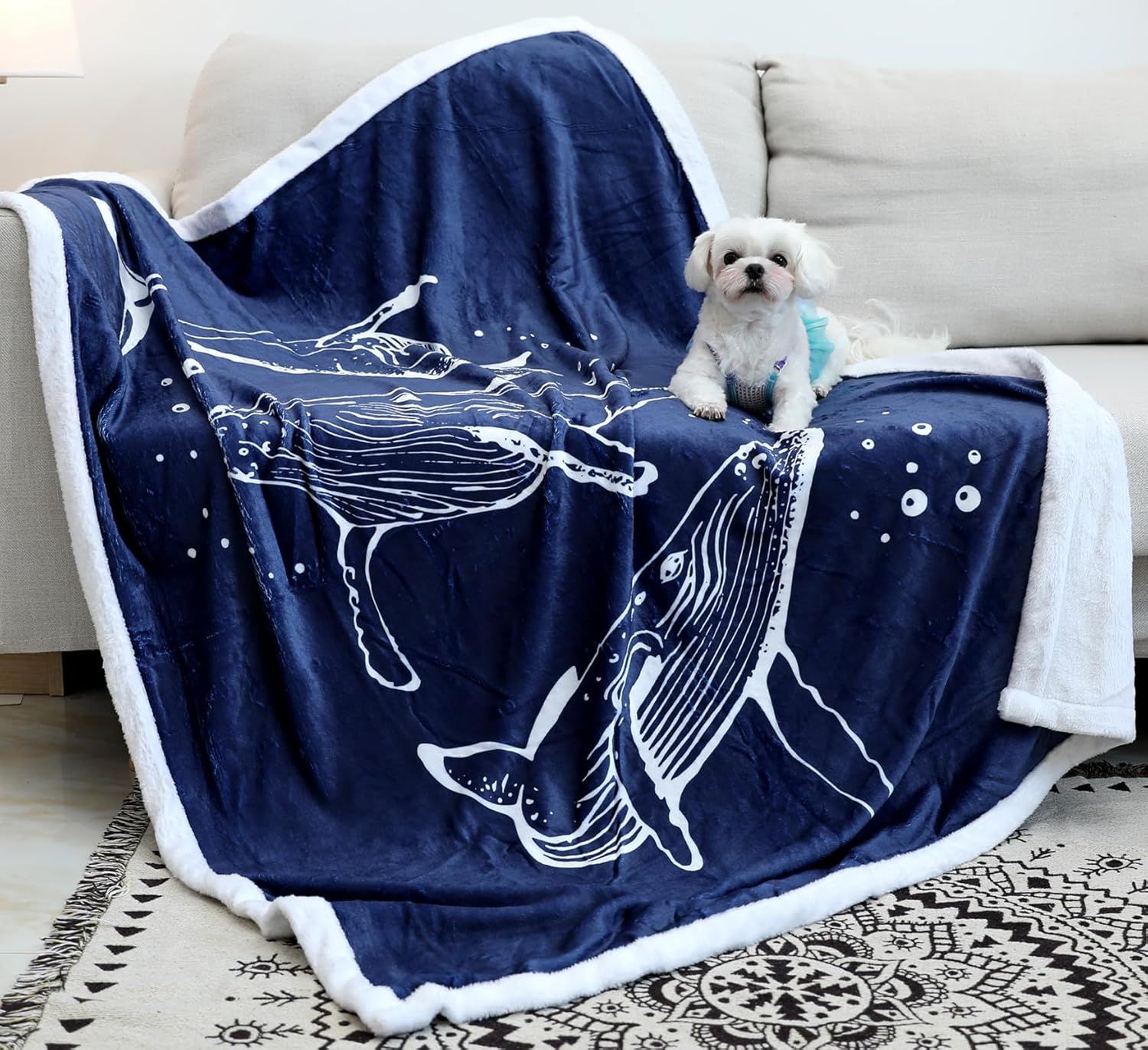 JUSHUA Super Soft Cozy Navy Blue Throw Blankets with Whales Pattern are Gifts for Girls Kids Toddler Women and it is Whale 2 and 48ft by 60ft