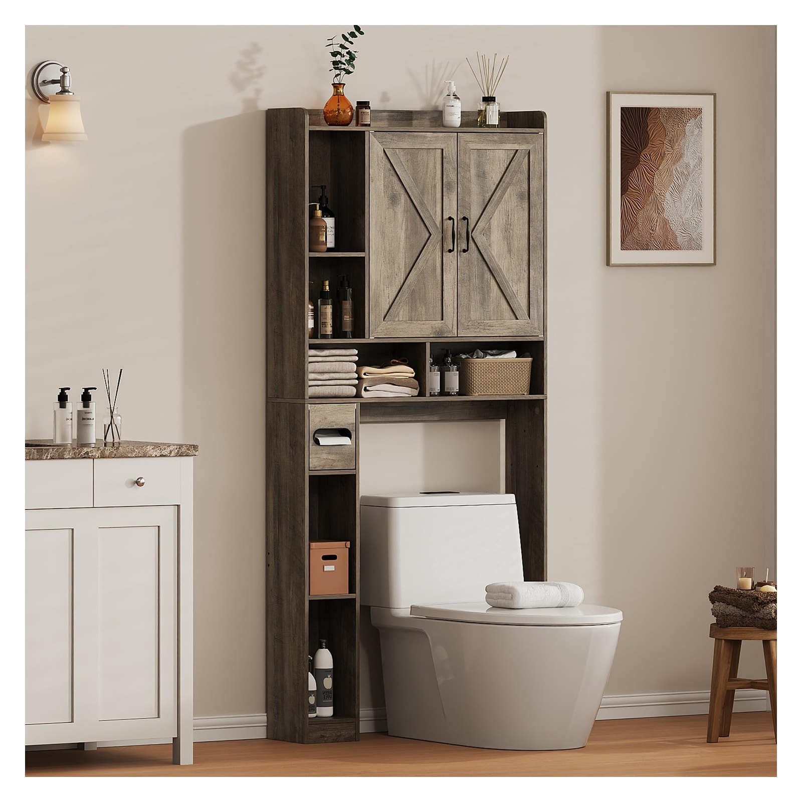 Yichuhaoxi  Over the Toilet Storage Cabinet 31.1W Bathroom Organizer with Double Doors Detachable Toilet Paper Holder Grey