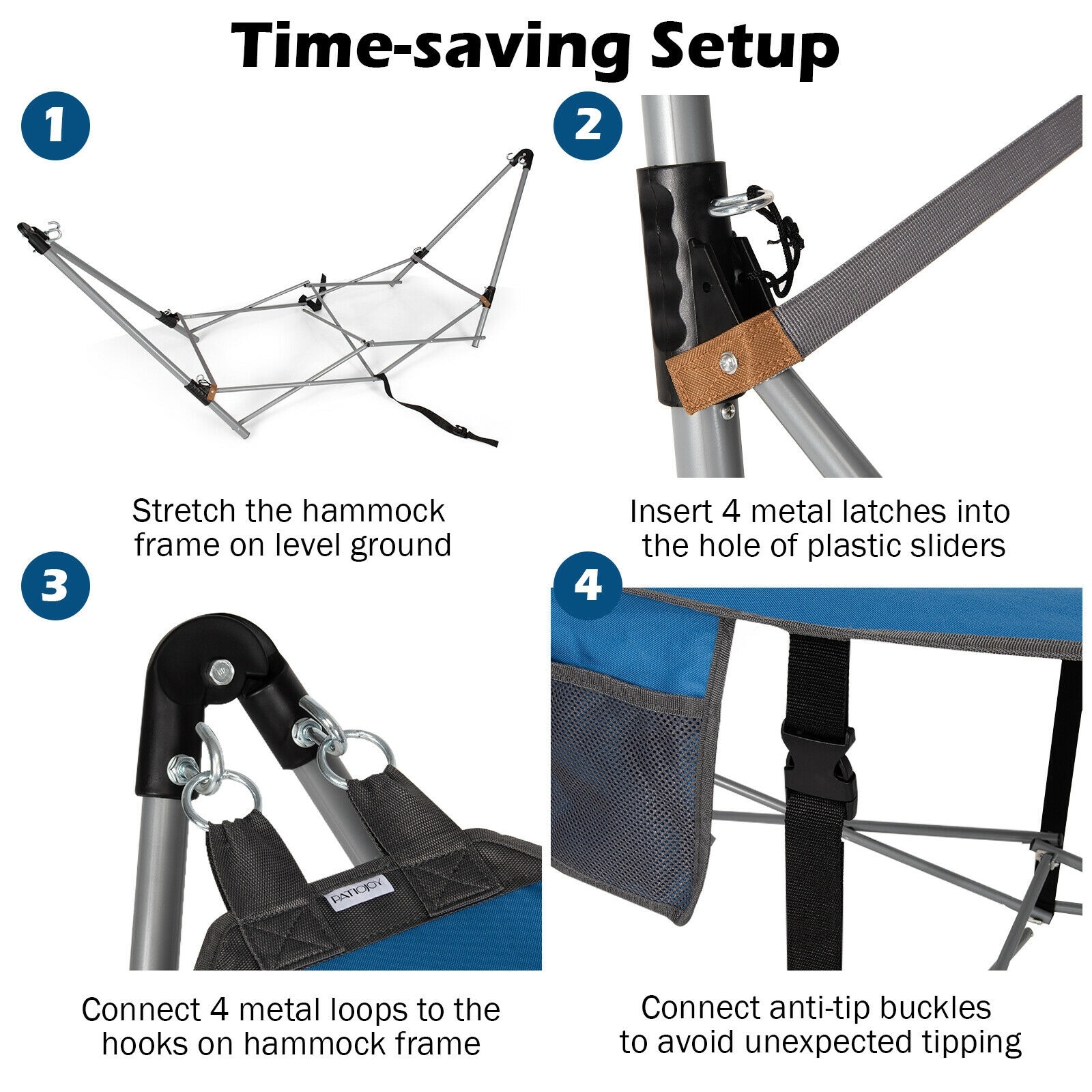 Blue Folding Hammock with Iron Stand and Side Pocket