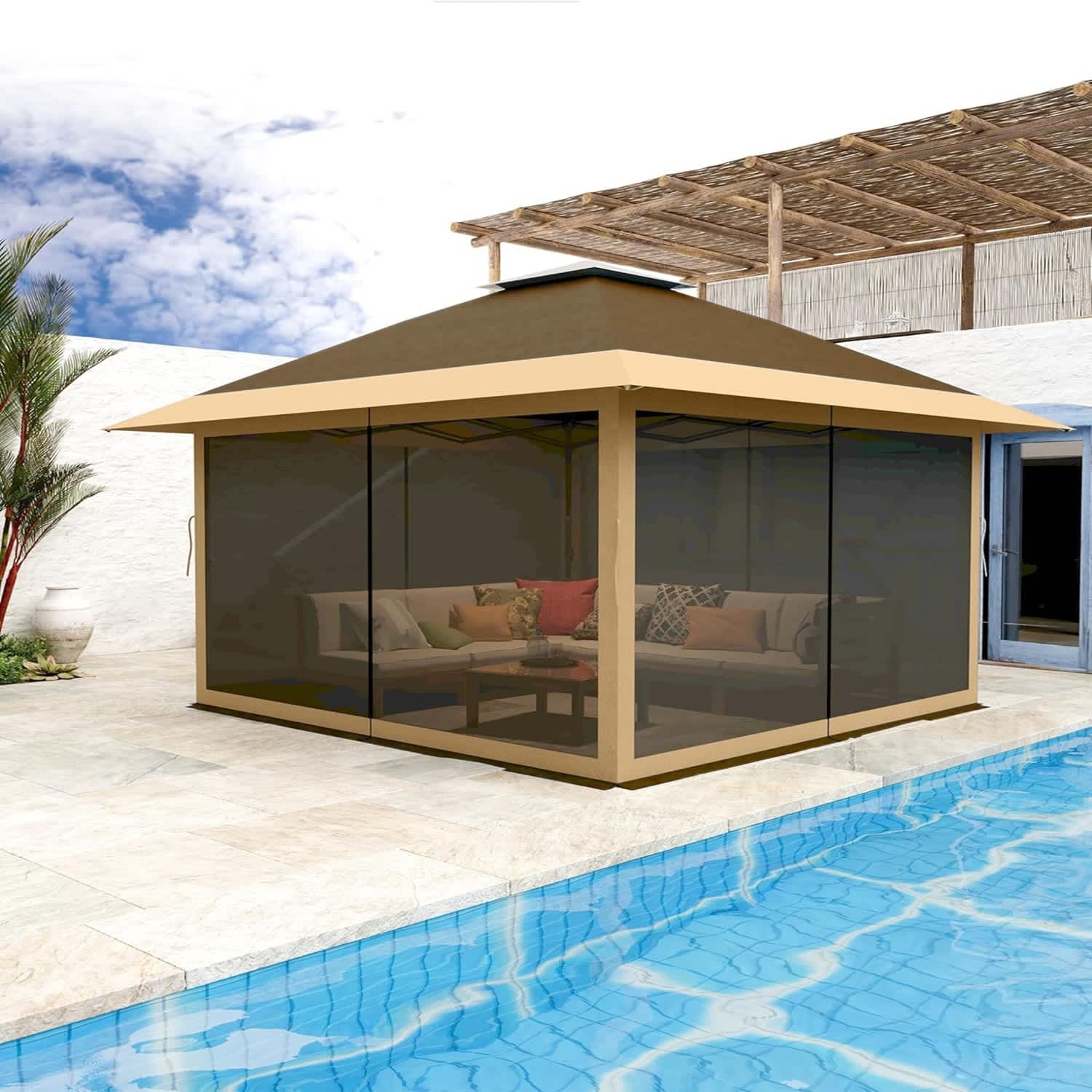 Qeetex LSHQQPHO-12BP68WG 12x12FT Pop Up Gazebo Waterproof Canopy Tent with Mosquito Netting  4 Mesh Walls and Carry Bag Adjustable Height Khaki