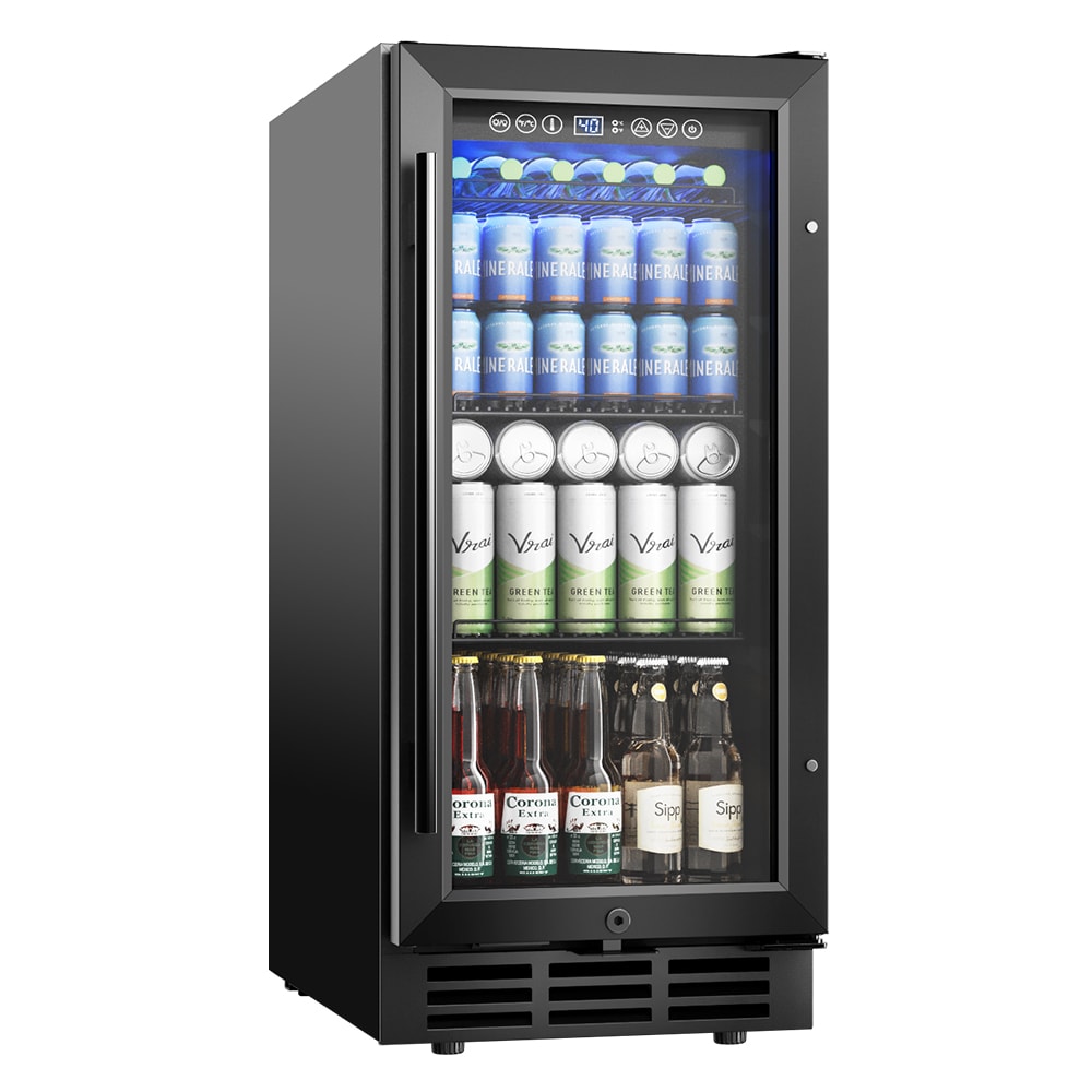 Euhomy BR002-126BL-E-LS-SC 15-in W 130-Can Capacity Black Built-in/Freestanding Indoor Beverage Refrigerator with Glass Door