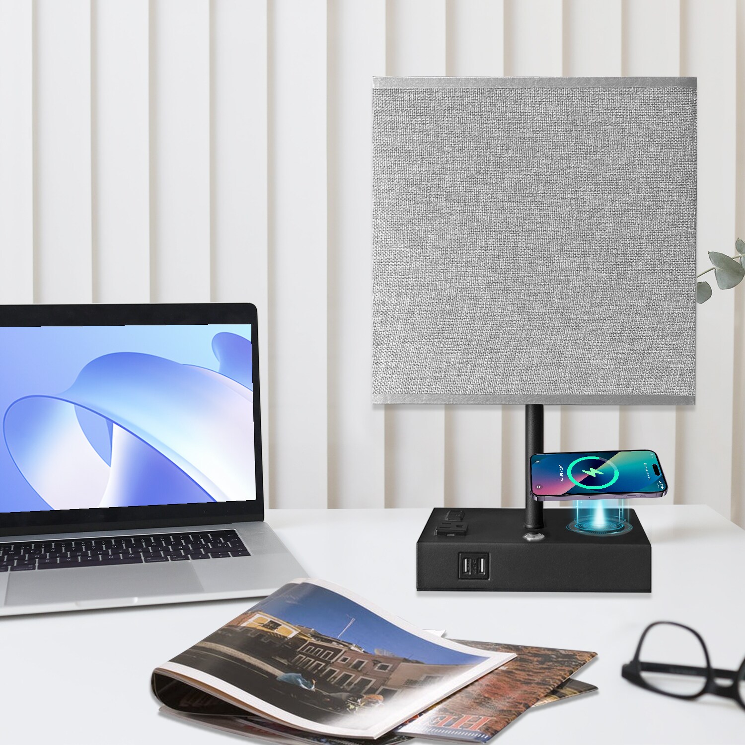 17 in. Black Wireless Charging Table Lamp with USB Port