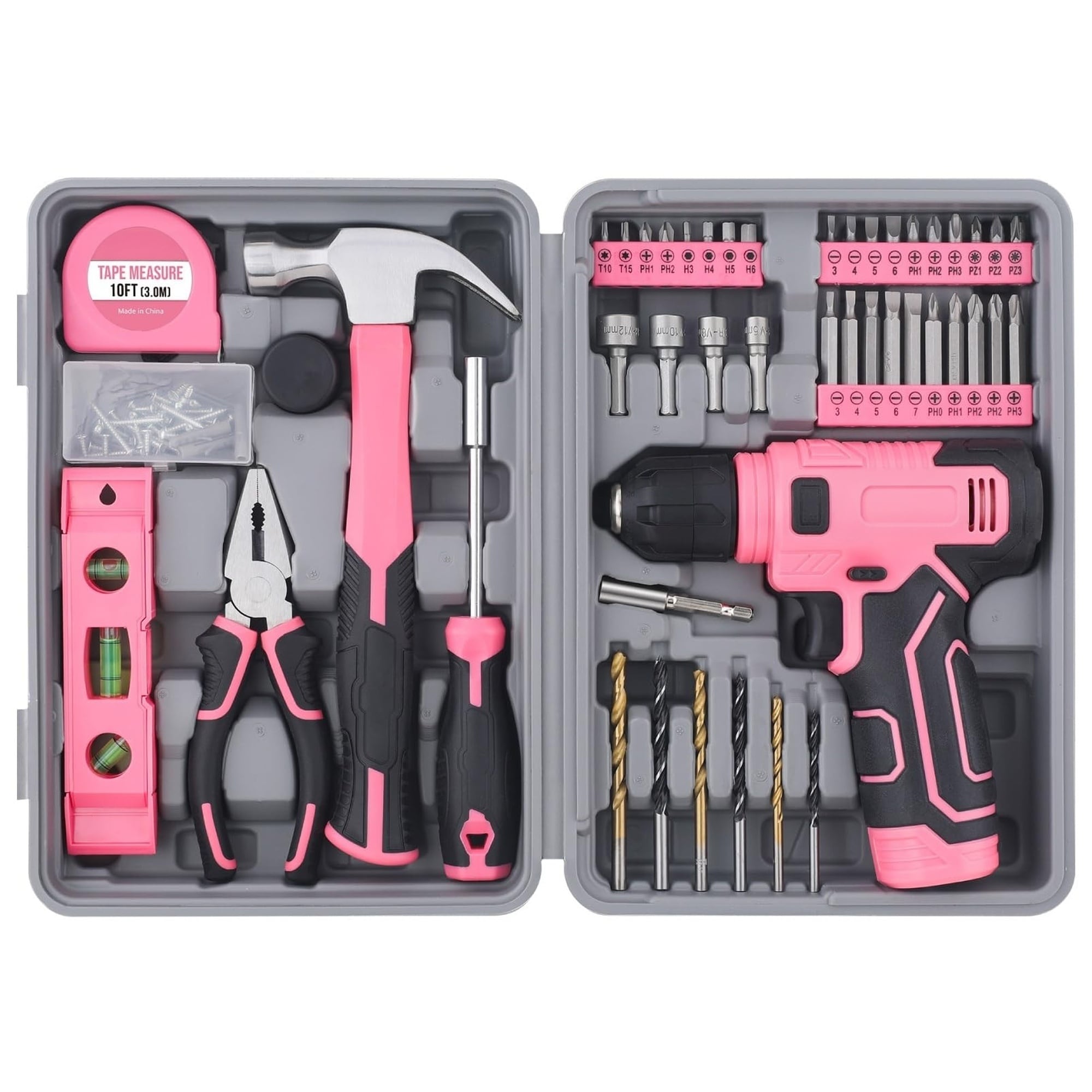 Numhew 8V Pink 1500mAh Cordless Drill Driver and 31-Piece Home Tool Kit