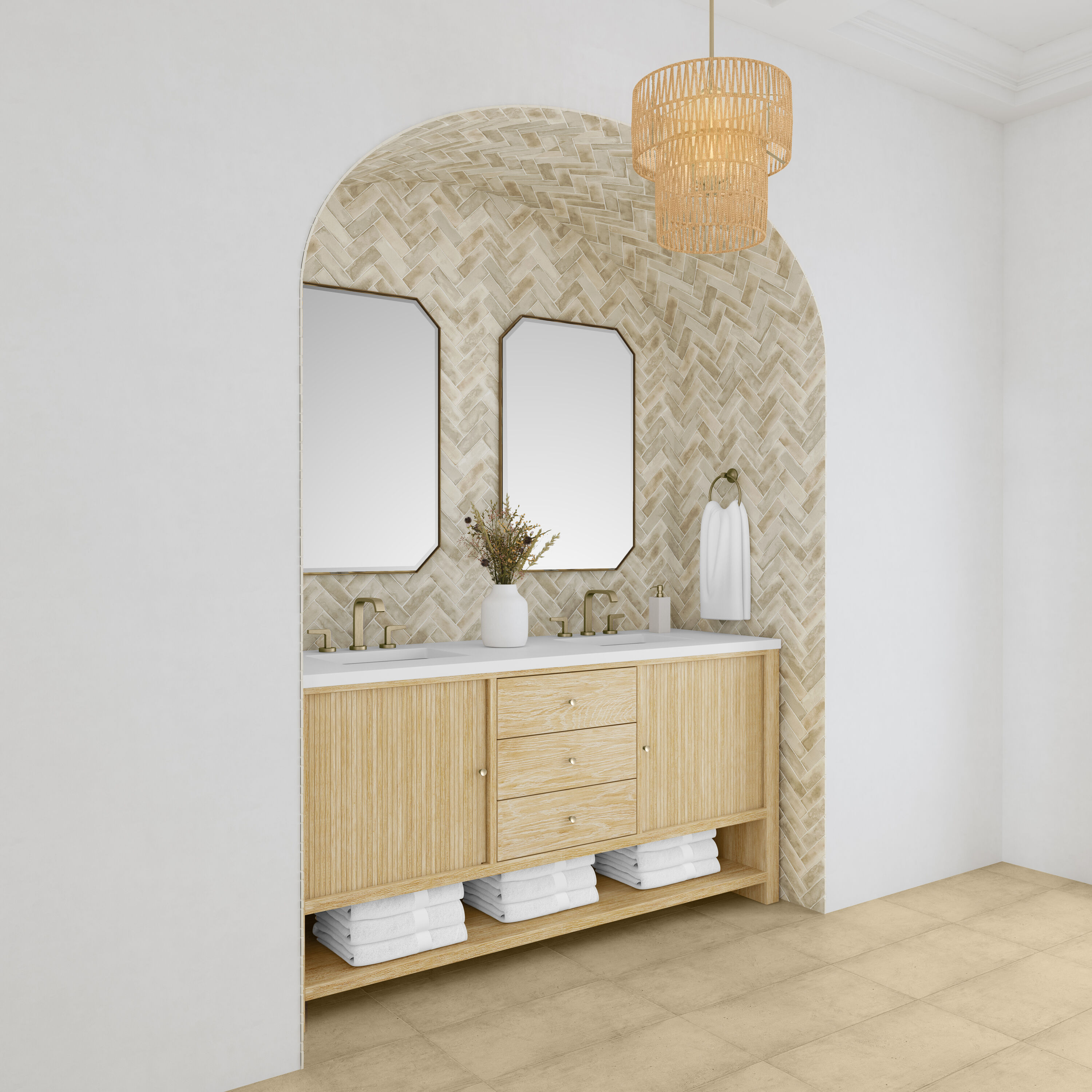 Sunwashed Oak 72" Double Freestanding Vanity with White Quartz Top