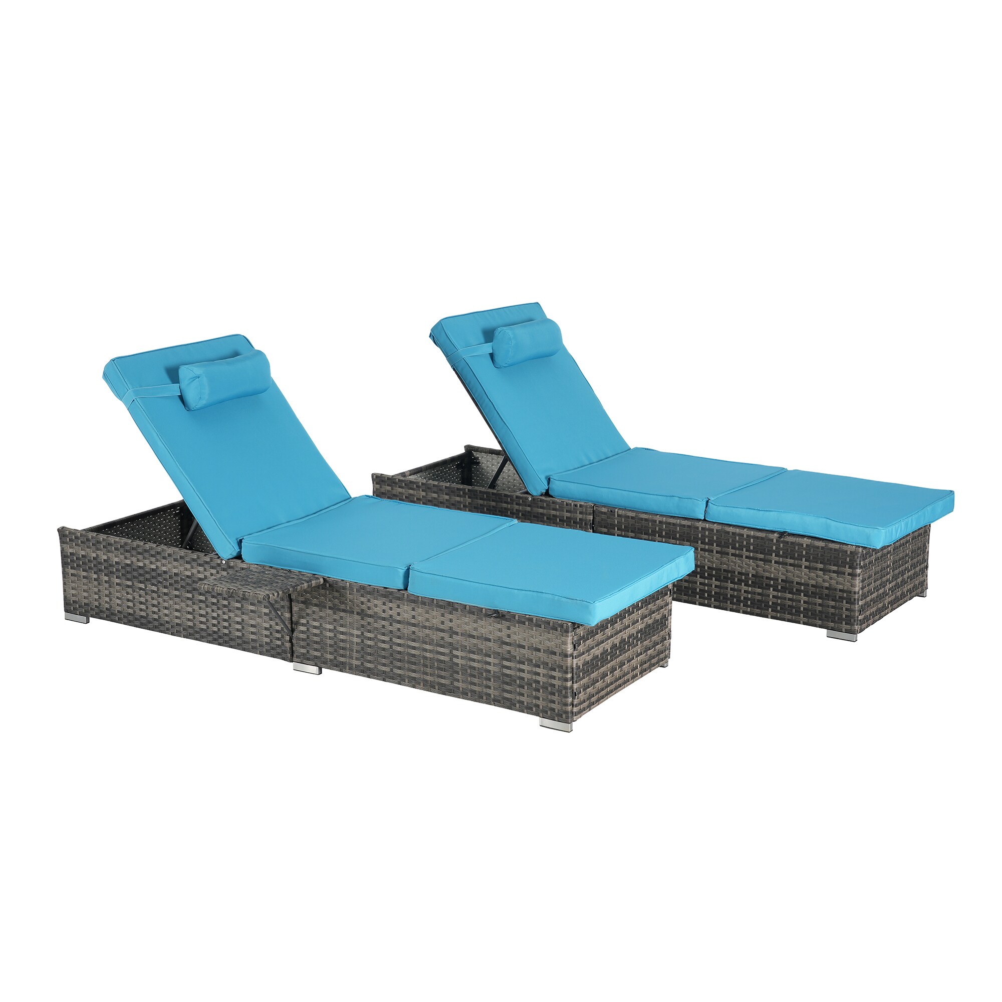 SINOFURN SYB670023BL Set of 2 Rattan Brown Metal Frame Stationary Recliner Chair with Blue Cushioned Seat